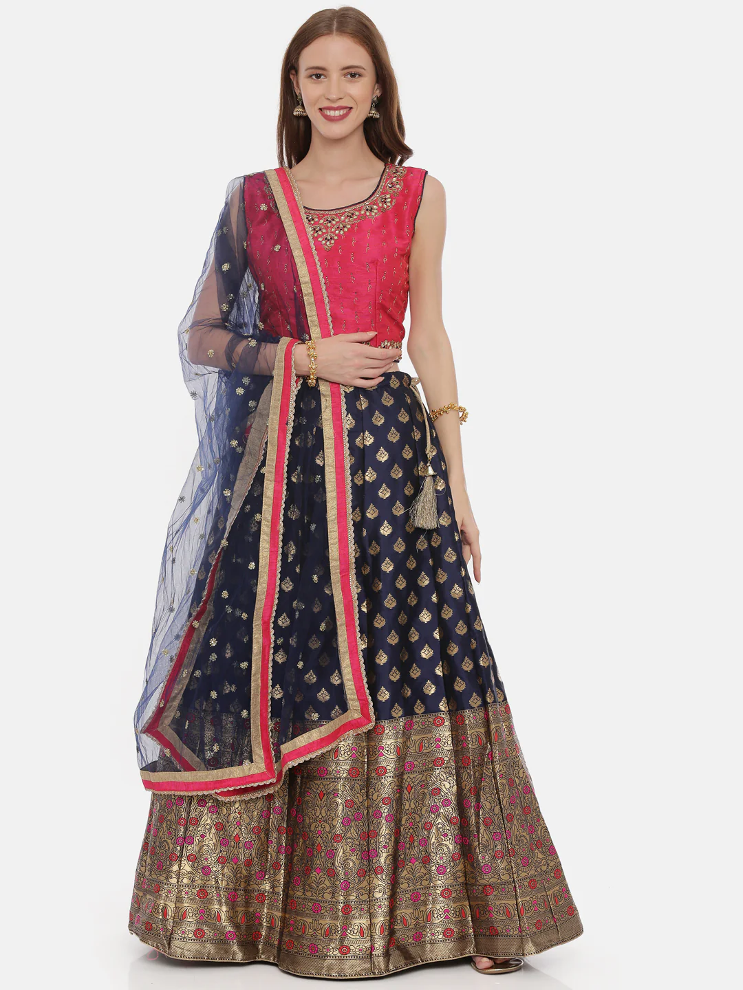 Neerus Pink & Blue Zari Lehenga Set