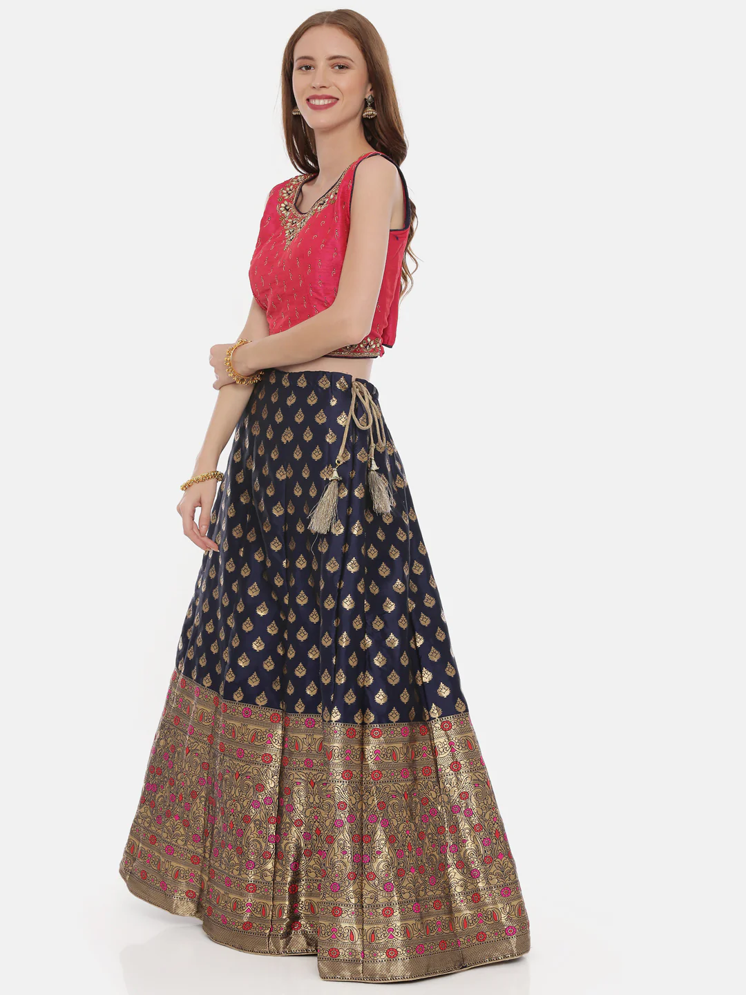 Neerus Pink & Blue Zari Lehenga Set - Image 4