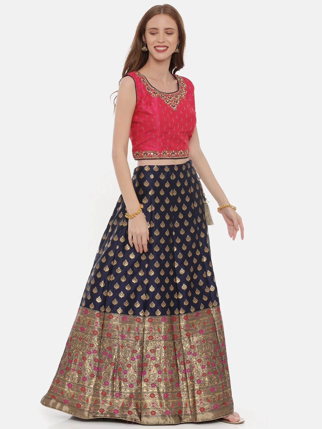 Neerus Pink & Blue Zari Lehenga Set - Image 5