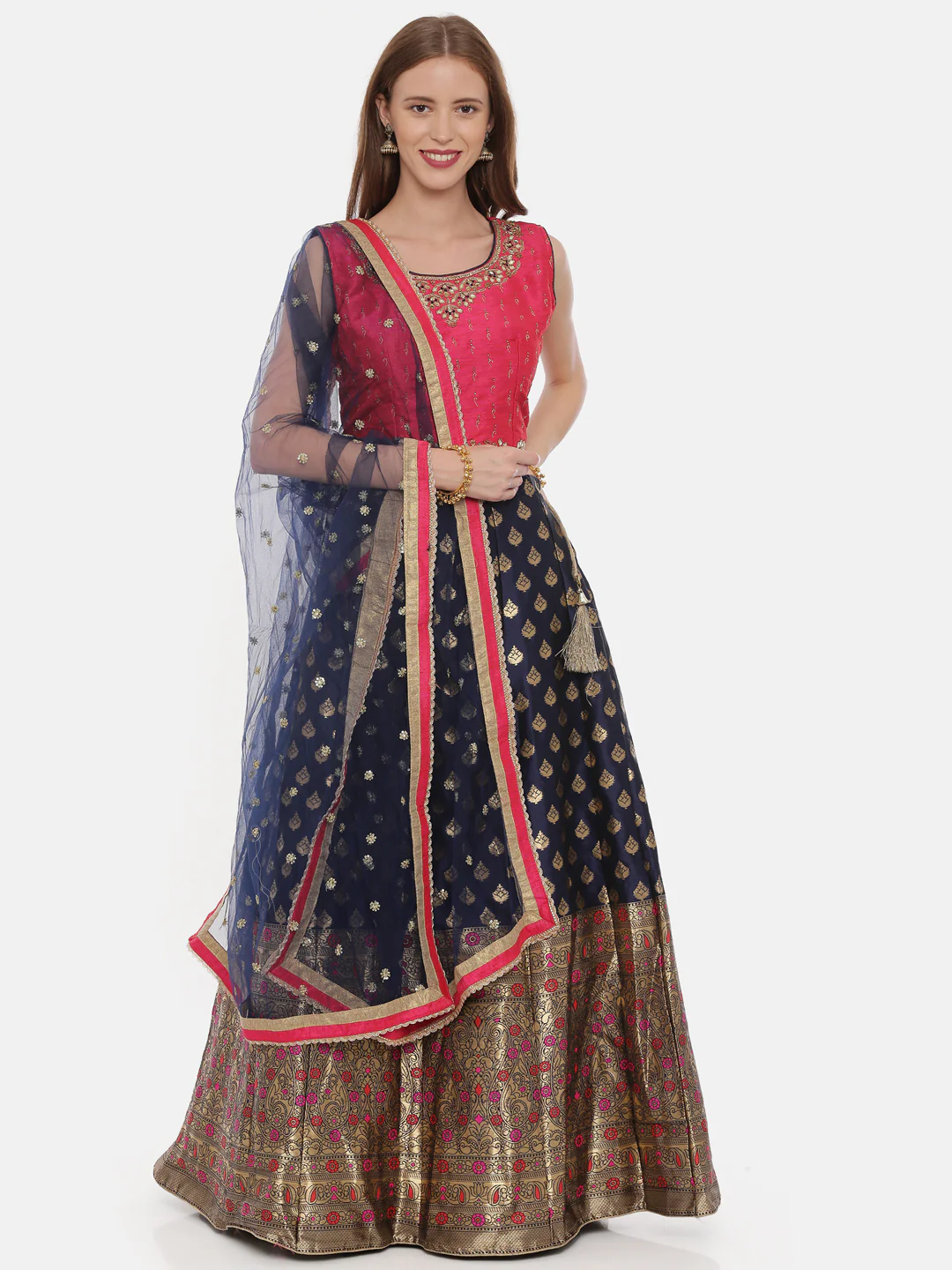 Neerus Pink & Blue Zari Lehenga Set - Image 7