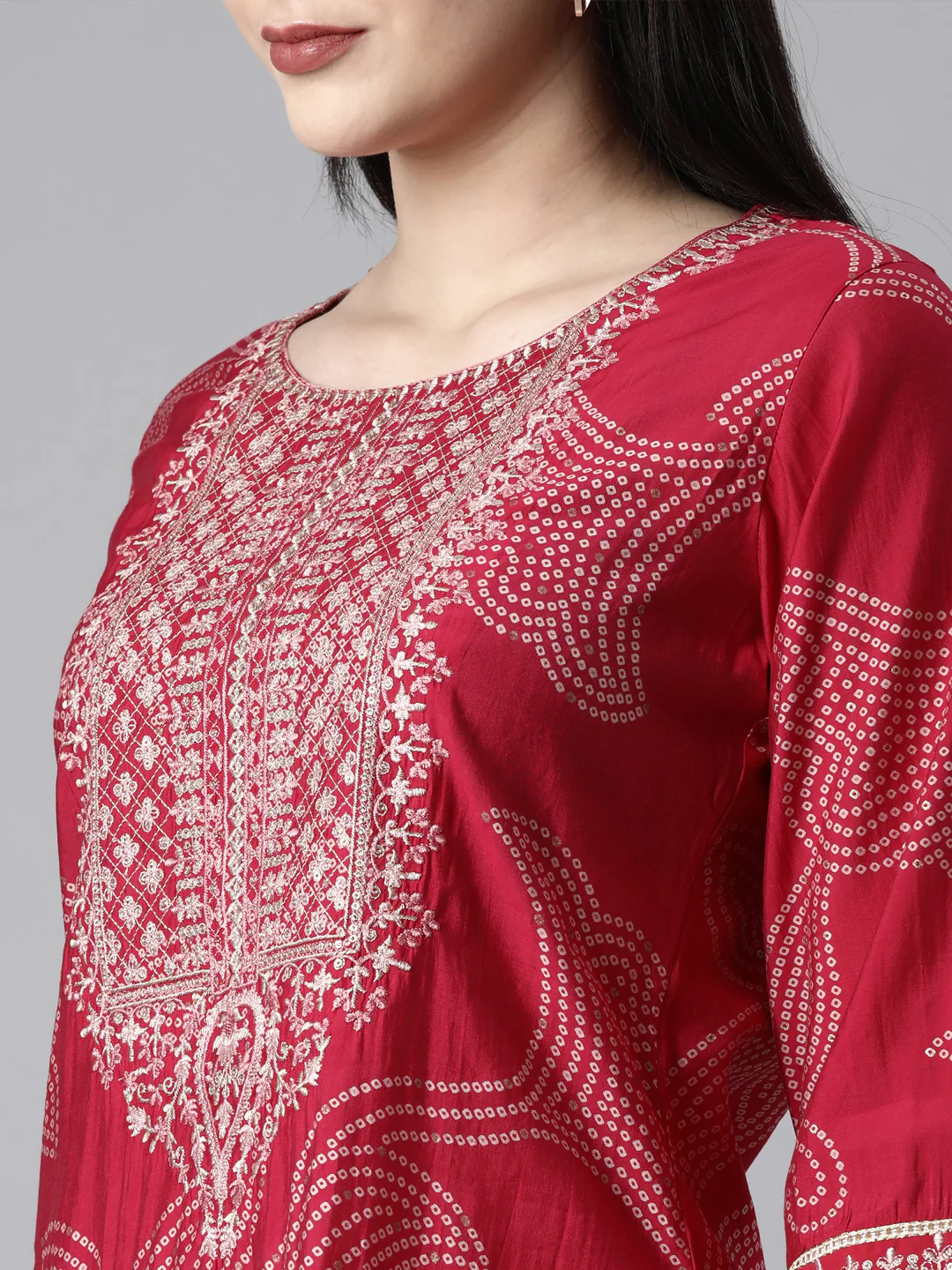 Neerus Pink Casual Bandhani Straight Kurta and Trousers With Dupatta - Image 5