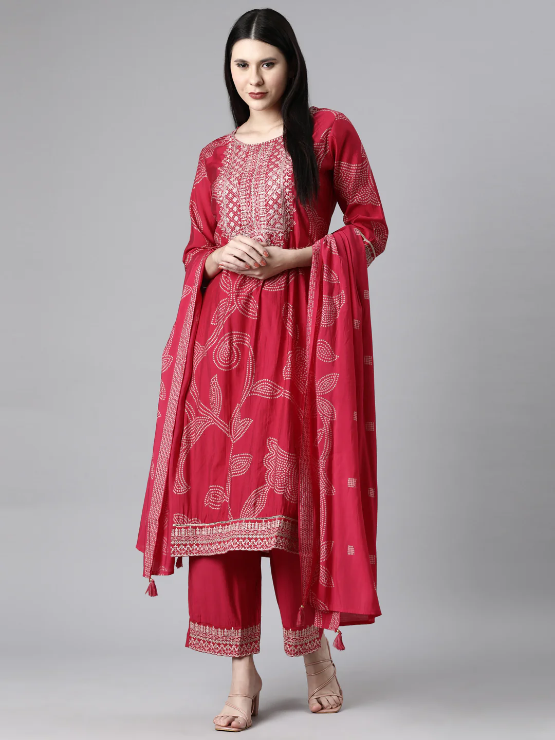 Neerus Pink Casual Bandhani Straight Kurta and Trousers With Dupatta - Image 6