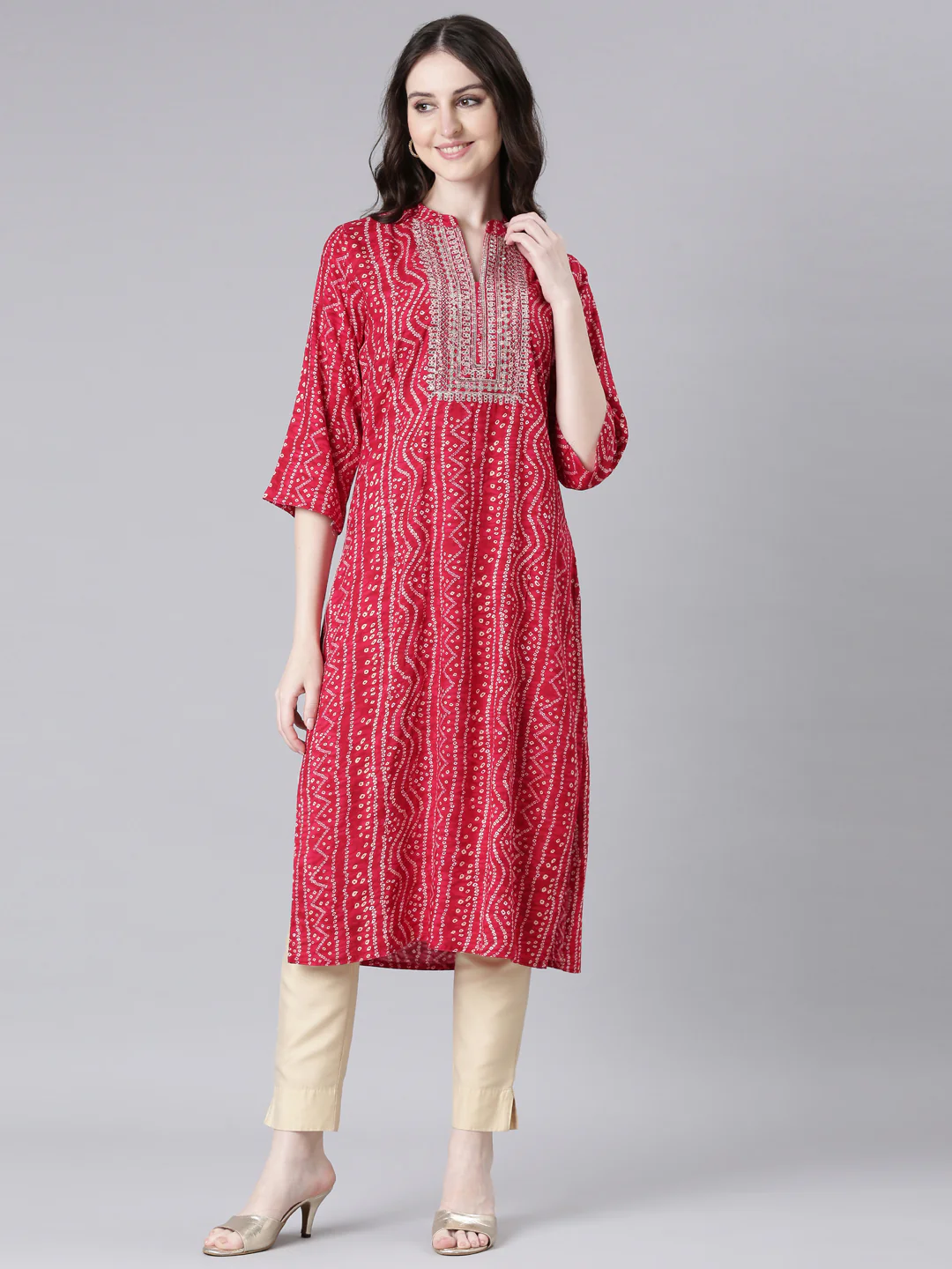 Neerus Pink Casual Bandhani Straight Kurta