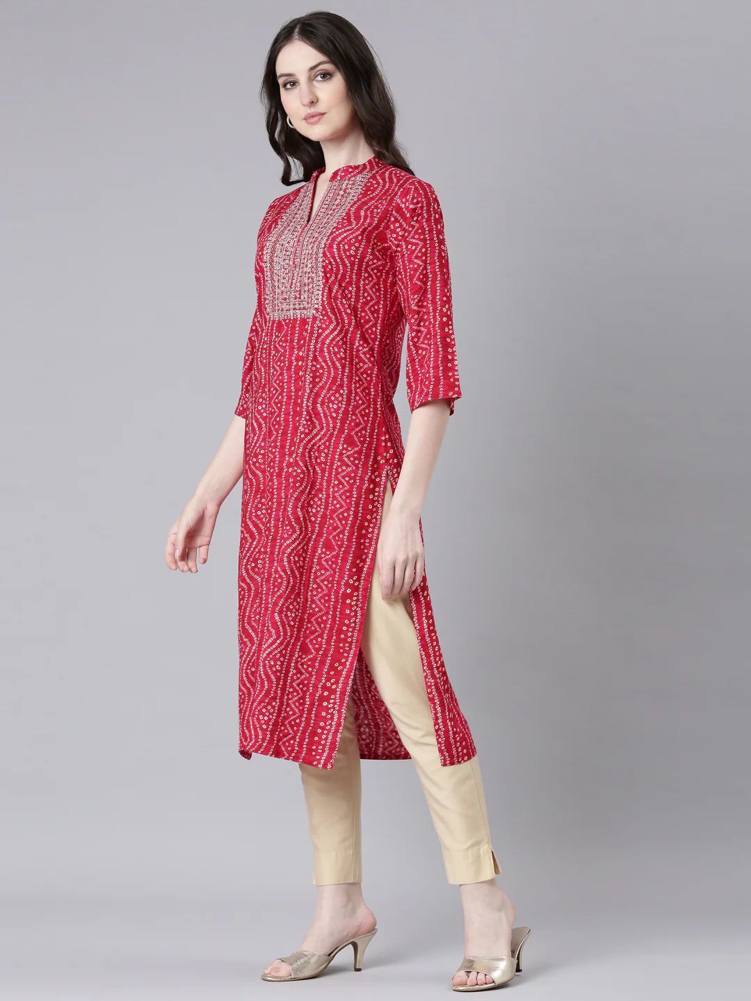 Neerus Pink Casual Bandhani Straight Kurta - Image 2