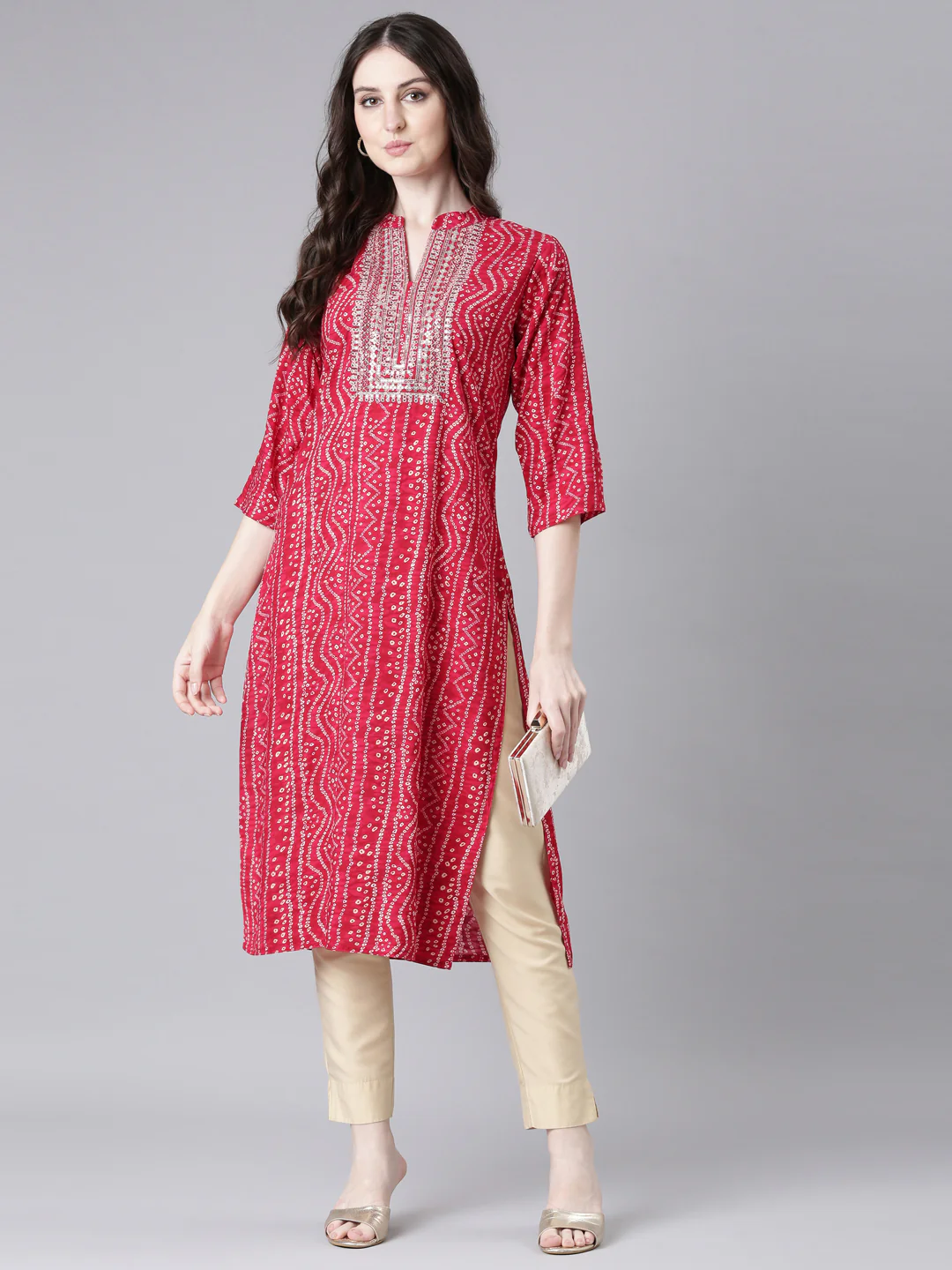 Neerus Pink Casual Bandhani Straight Kurta - Image 5