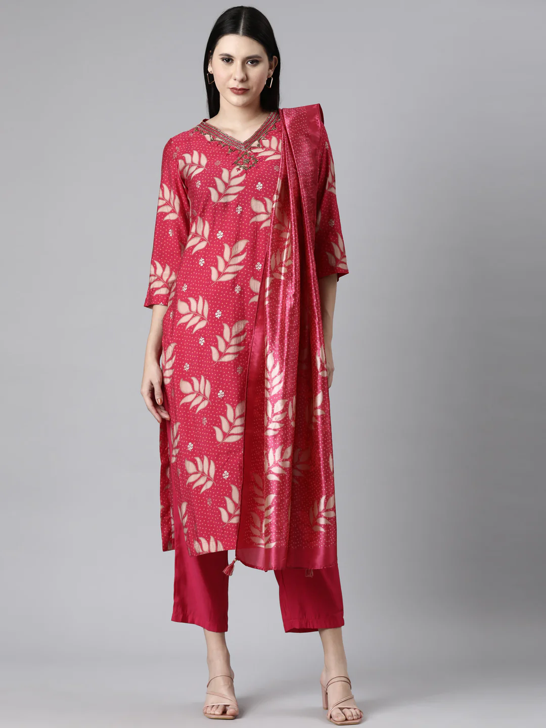 Neerus Pink Casual Ethnic Motifs Straight Kurta and Trousers With Dupatta