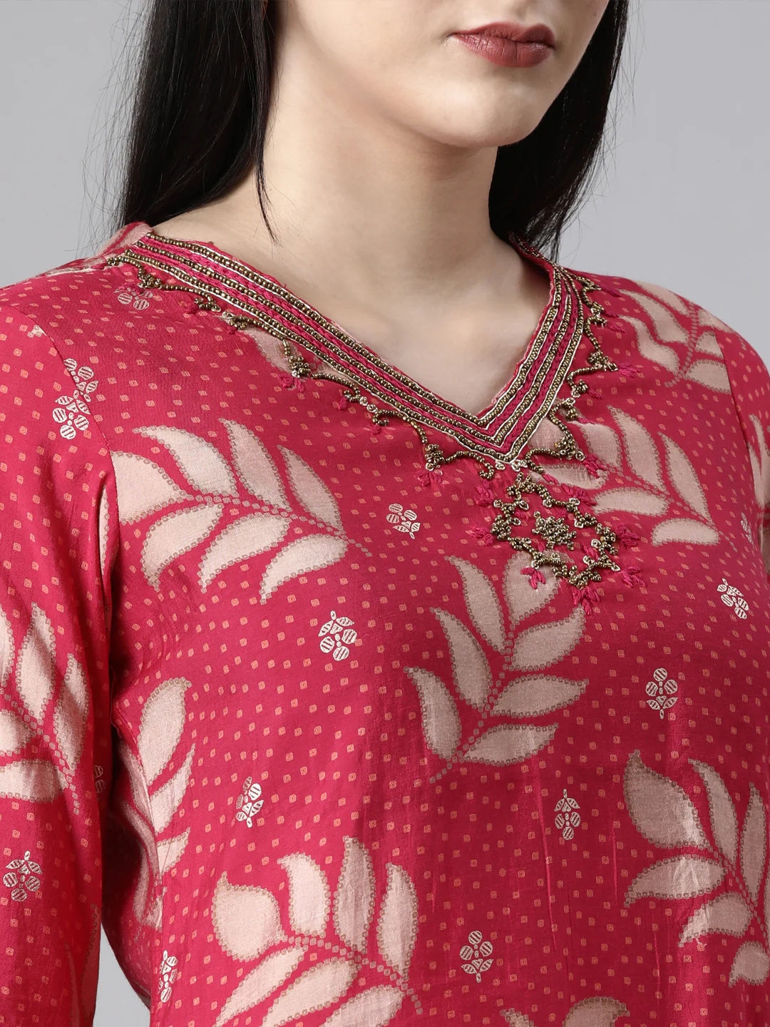 Neerus Pink Casual Ethnic Motifs Straight Kurta and Trousers With Dupatta - Image 5