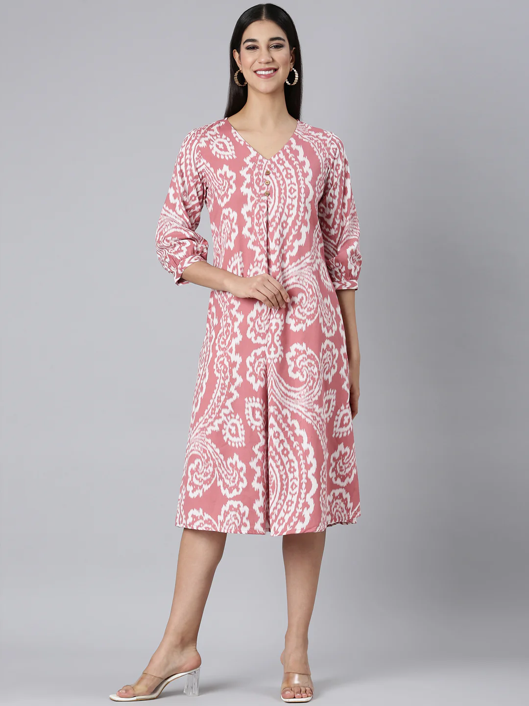 Neerus Pink Casual Floral A-Line Kurta