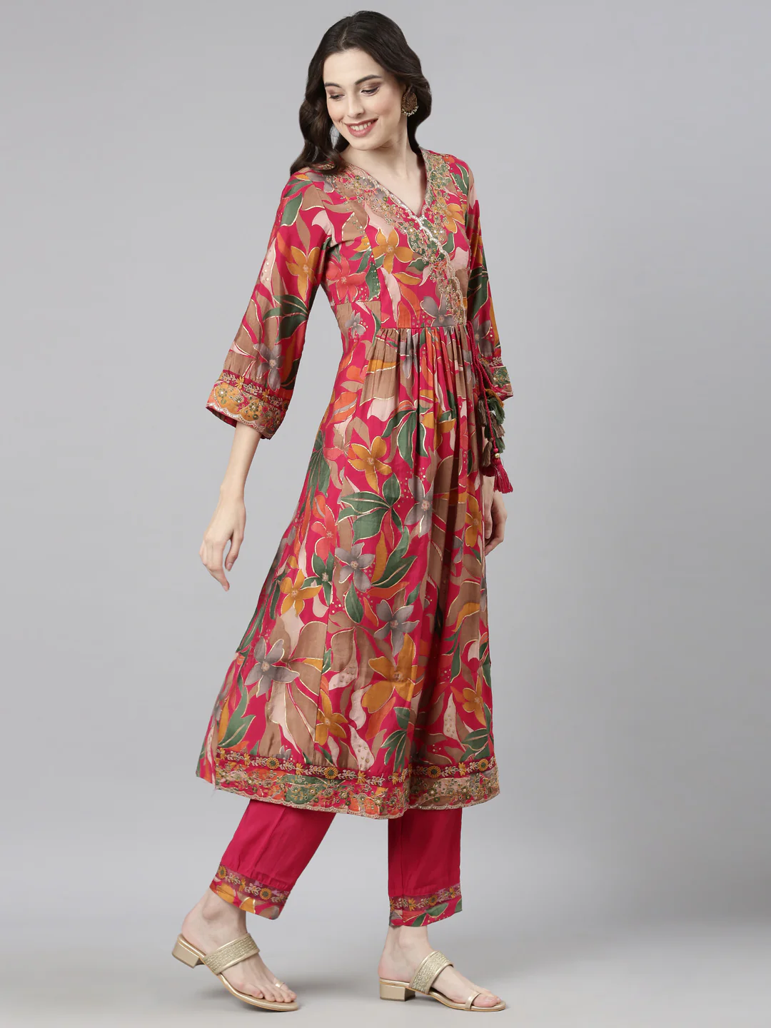 Neerus Pink Casual Floral Anarkali Kurta and Trousers With Dupatta - Image 3