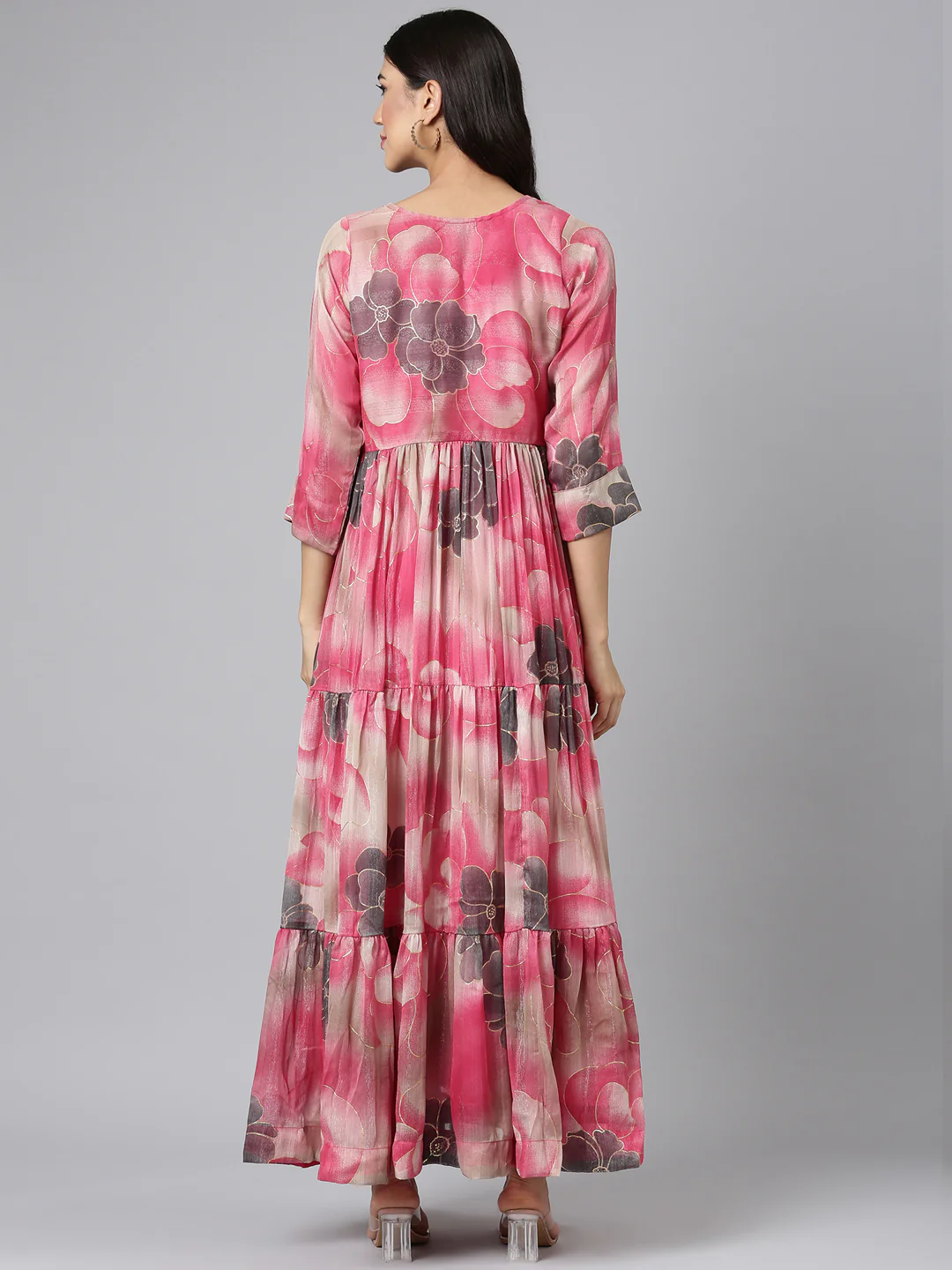 Neerus Pink Casual Floral Maxi Dresses - Image 3