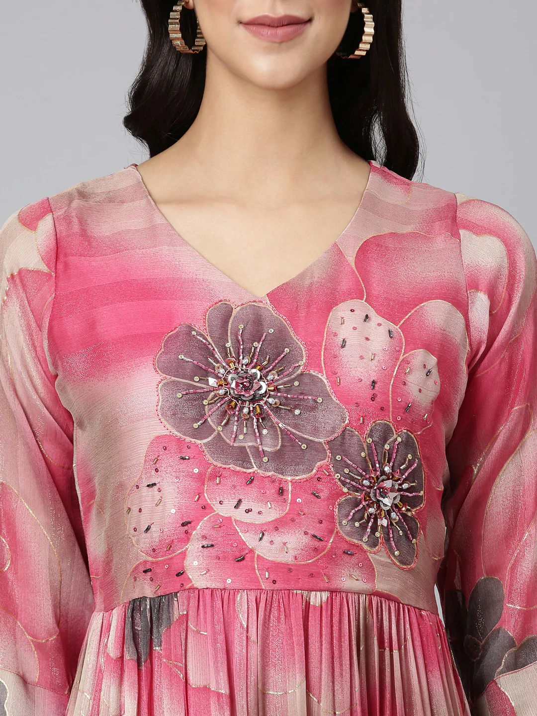 Neerus Pink Casual Floral Maxi Dresses - Image 4