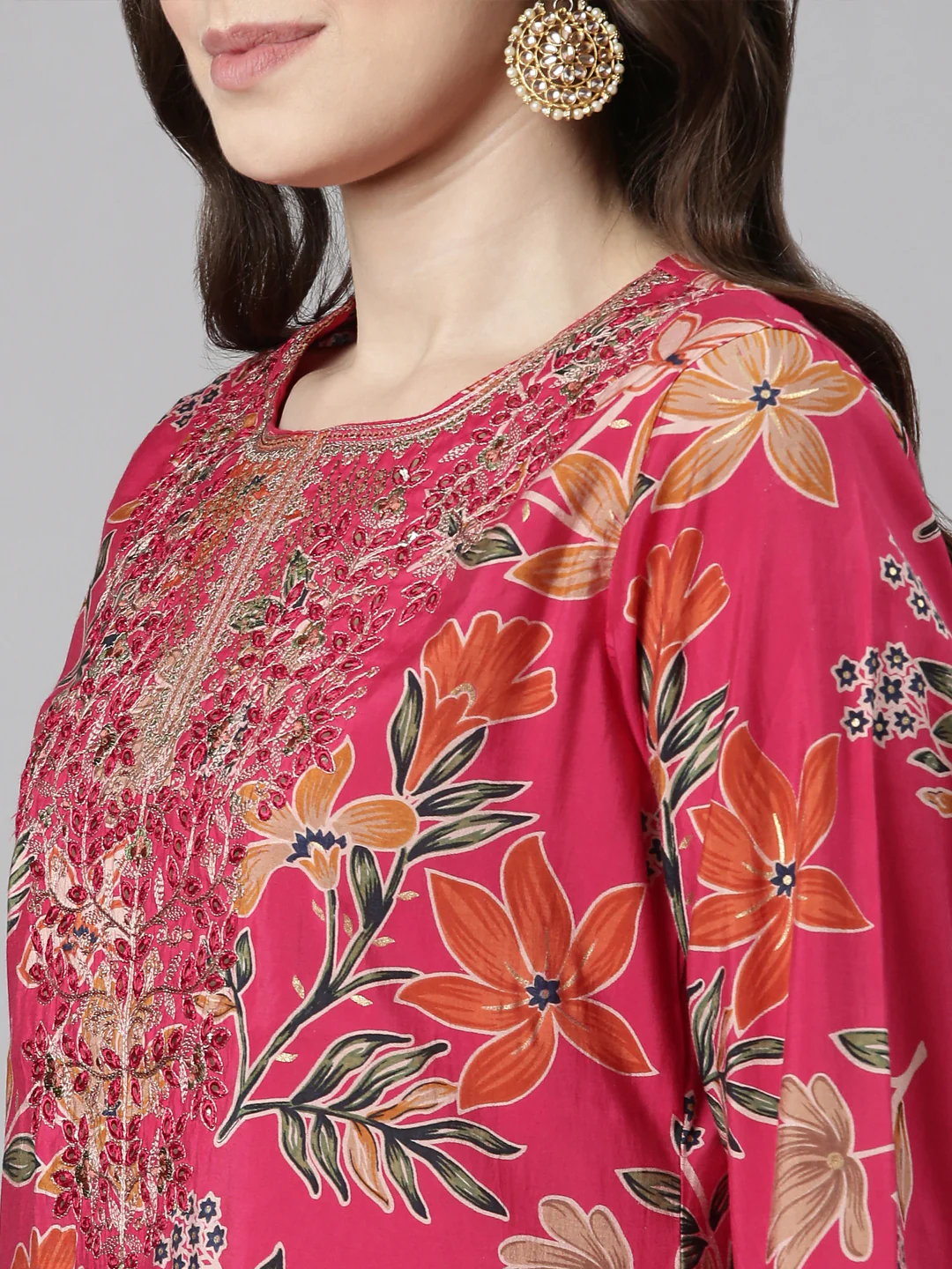 Neerus Pink Casual Floral Straight Kurta and Trousers With Dupatta - Image 5