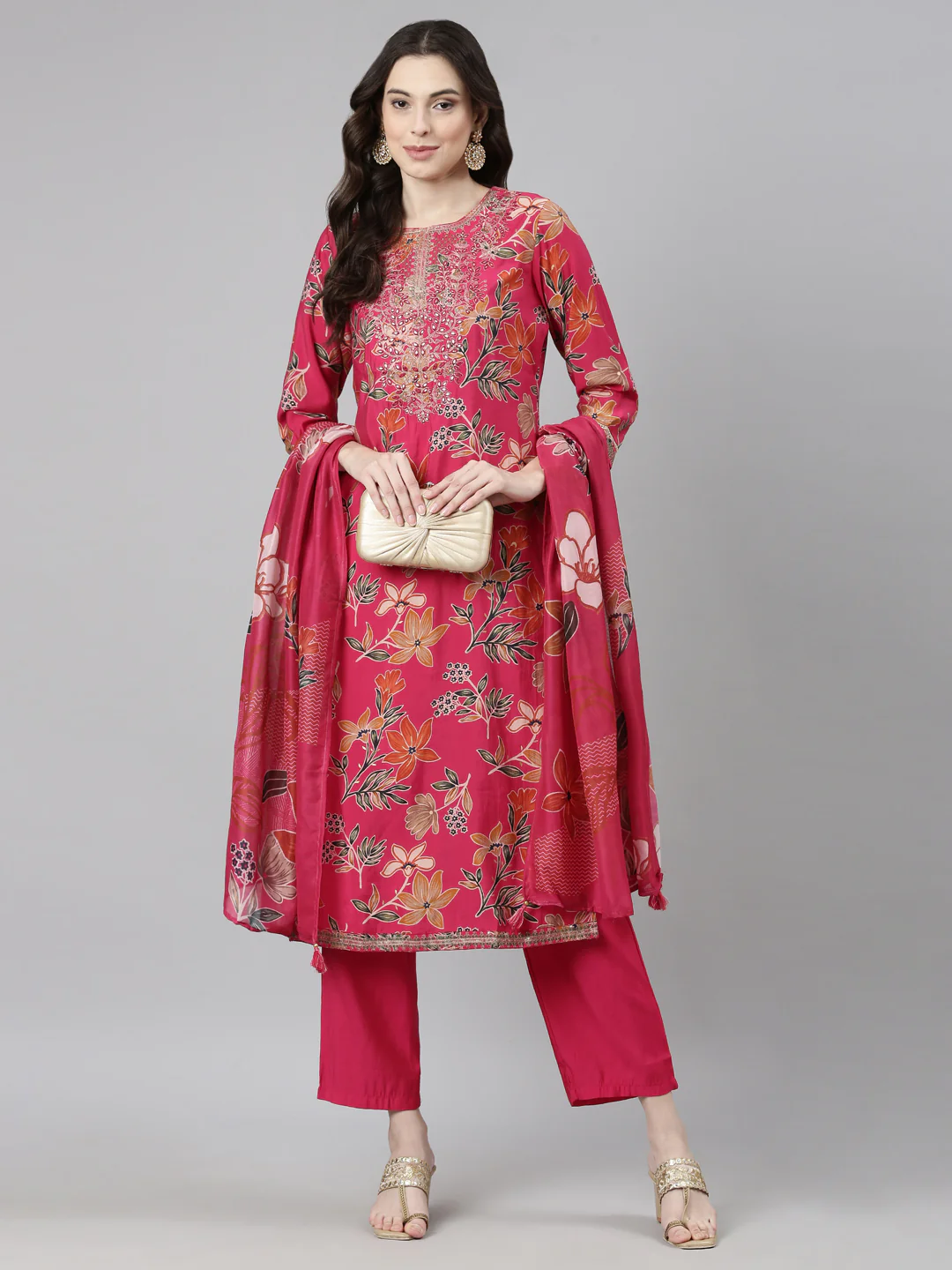 Neerus Pink Casual Floral Straight Kurta and Trousers With Dupatta - Image 6
