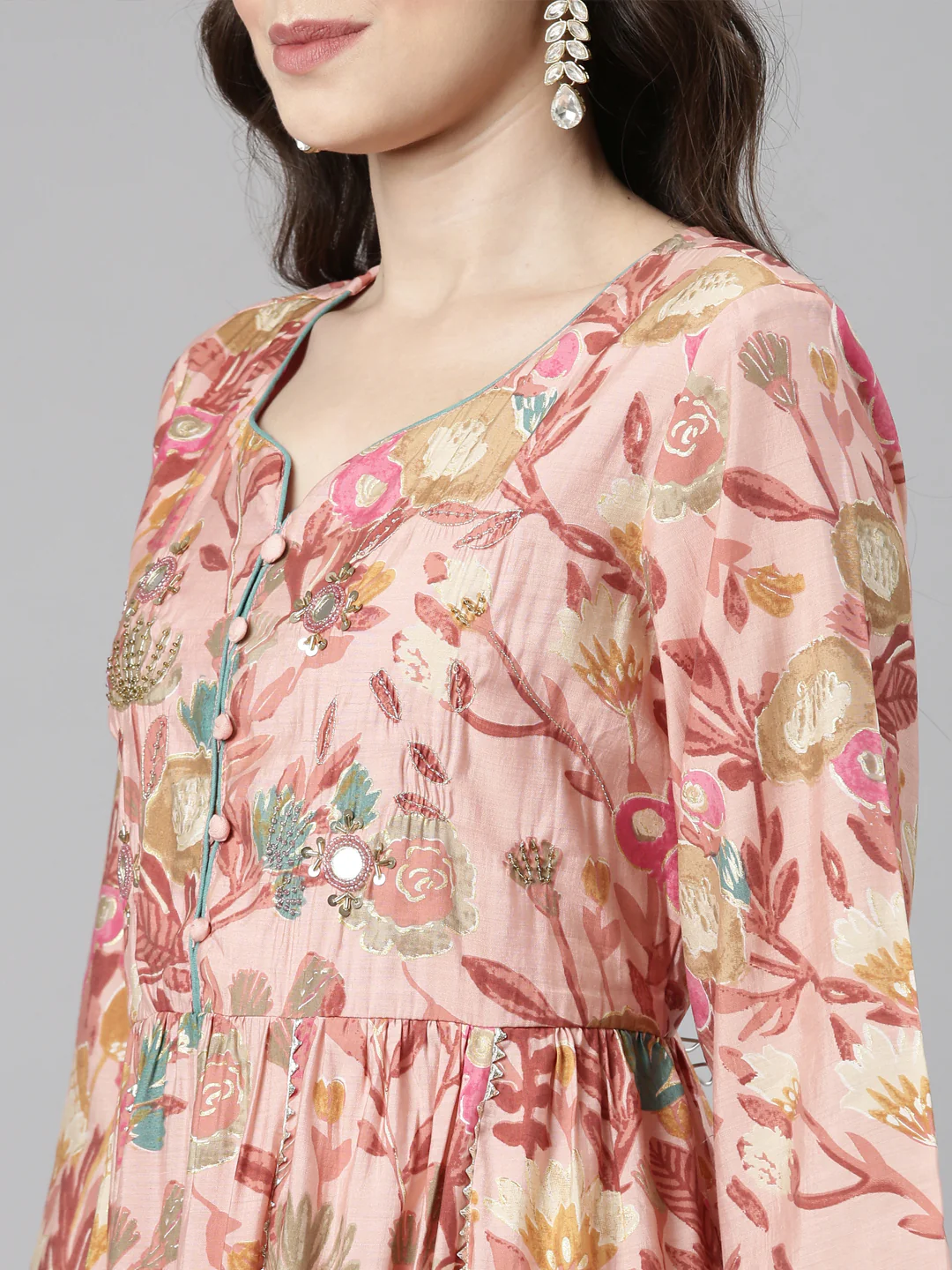 Neerus Pink Casual Floral Anarkali Kurta and Trousers With Dupatta - Image 5