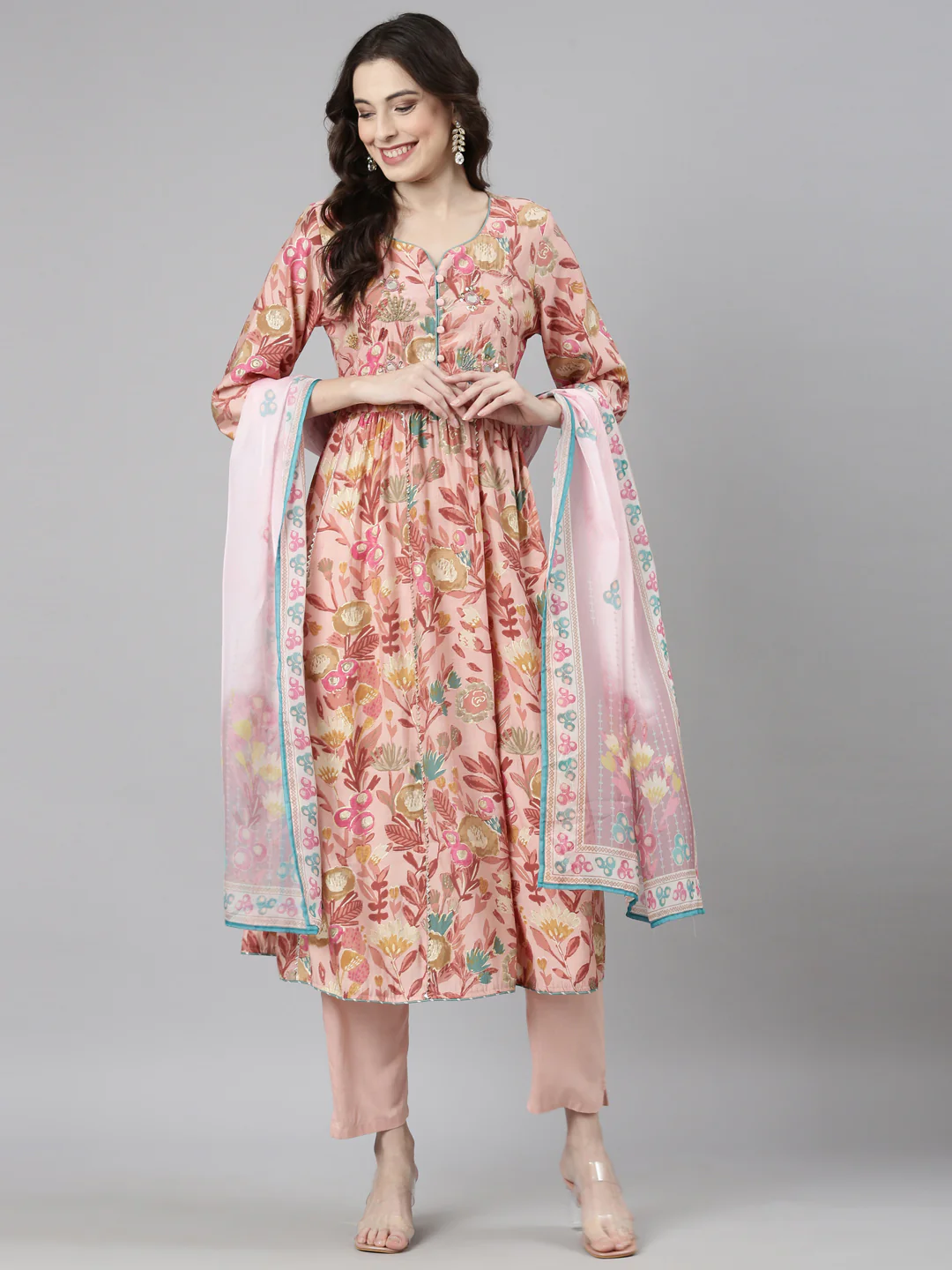 Neerus Pink Casual Floral Anarkali Kurta and Trousers With Dupatta - Image 6