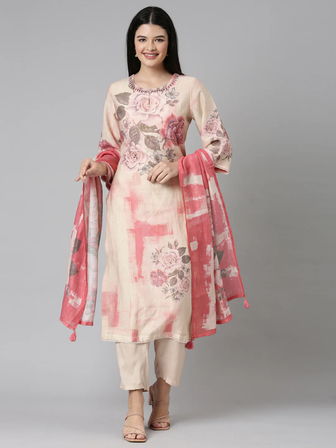 Neerus Pink Casual Floral Straight Kurta and Trousers With Dupatta
