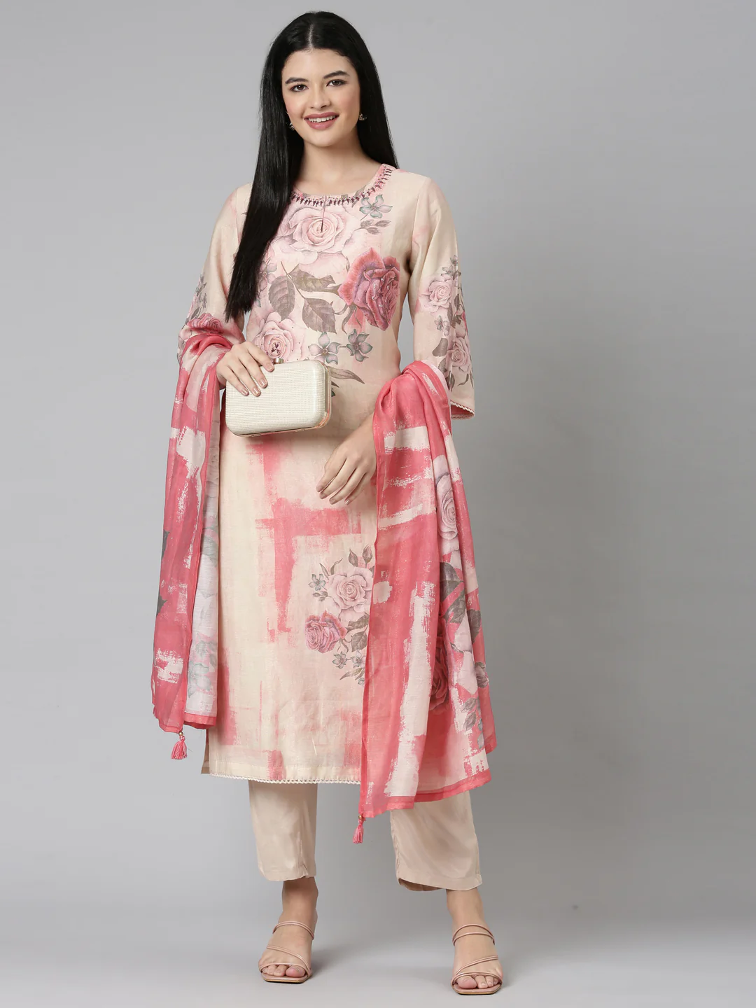 Neerus Pink Casual Floral Straight Kurta and Trousers With Dupatta - Image 6