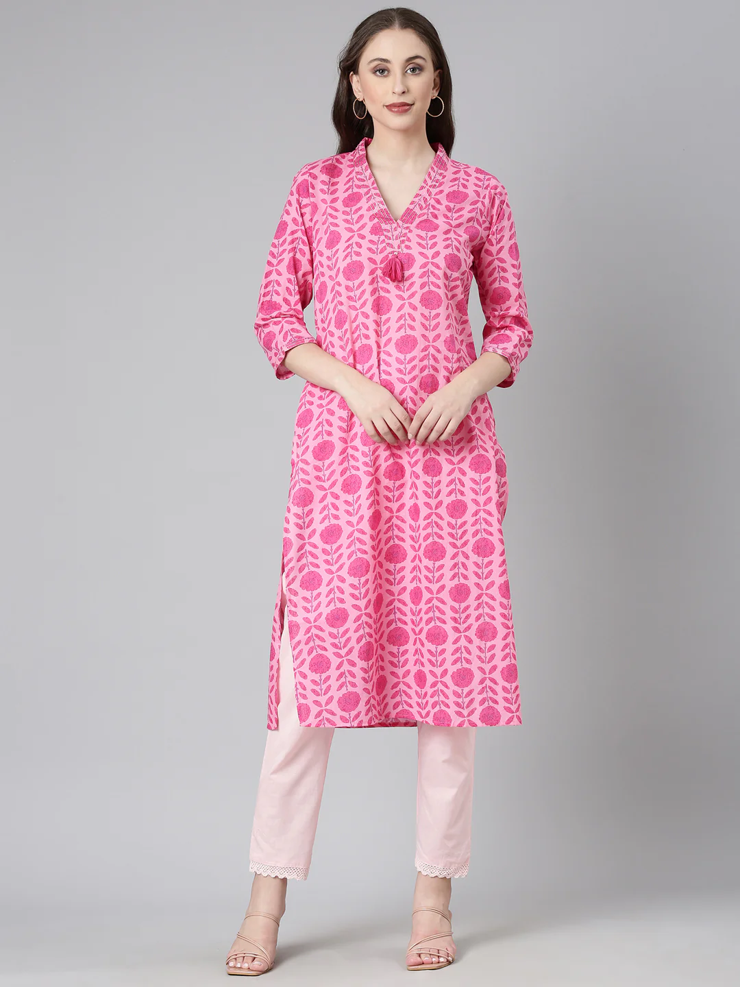 Neerus Pink Casual Floral Straight Kurta