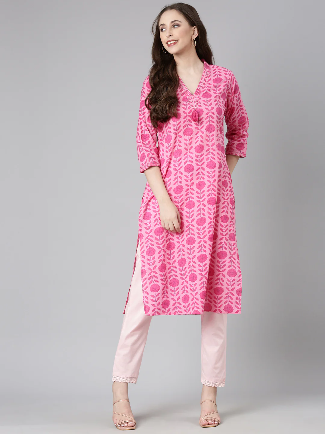 Neerus Pink Casual Floral Straight Kurta - Image 5