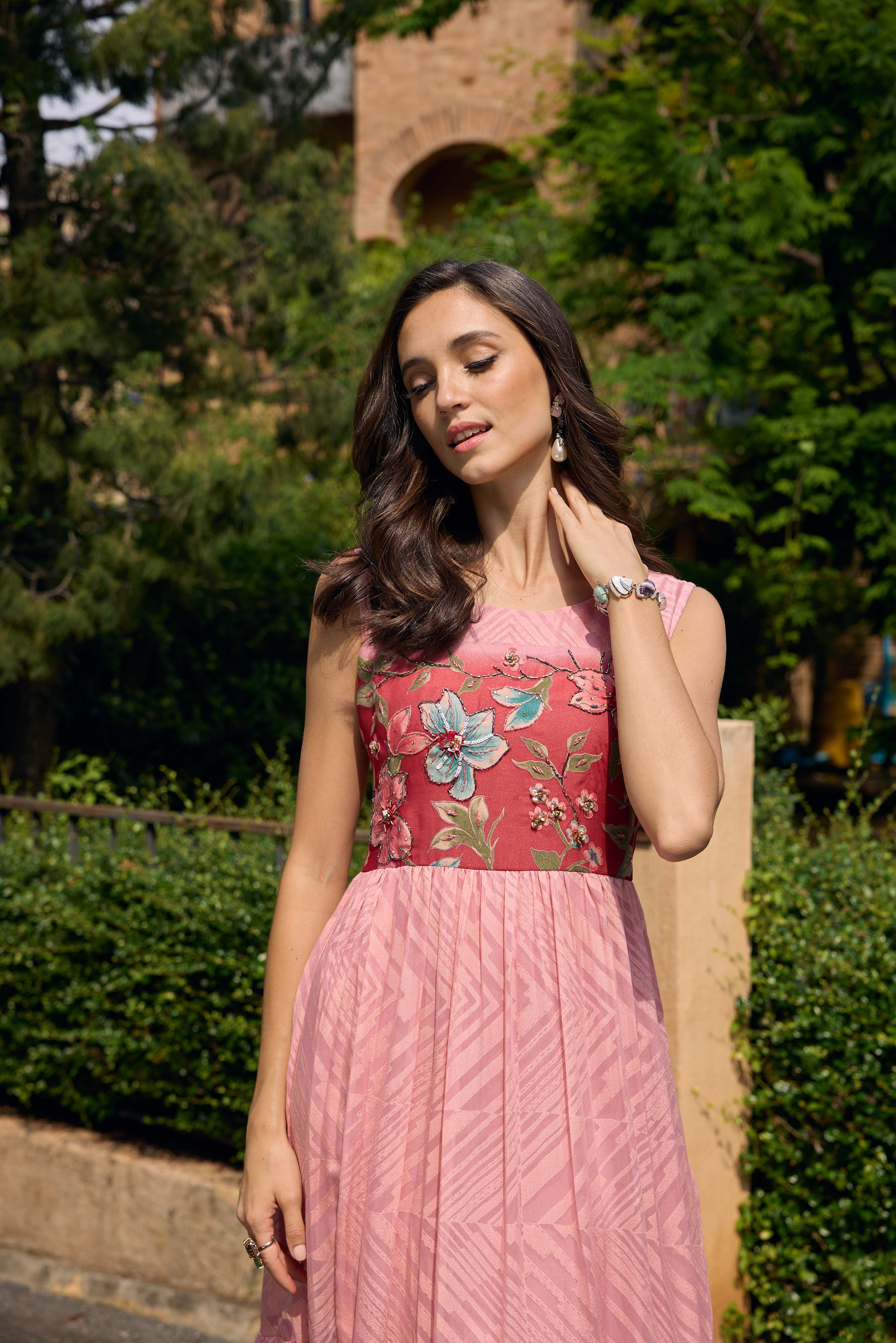 Neerus Pink Casual Maxi Chevron Dresses - Image 3