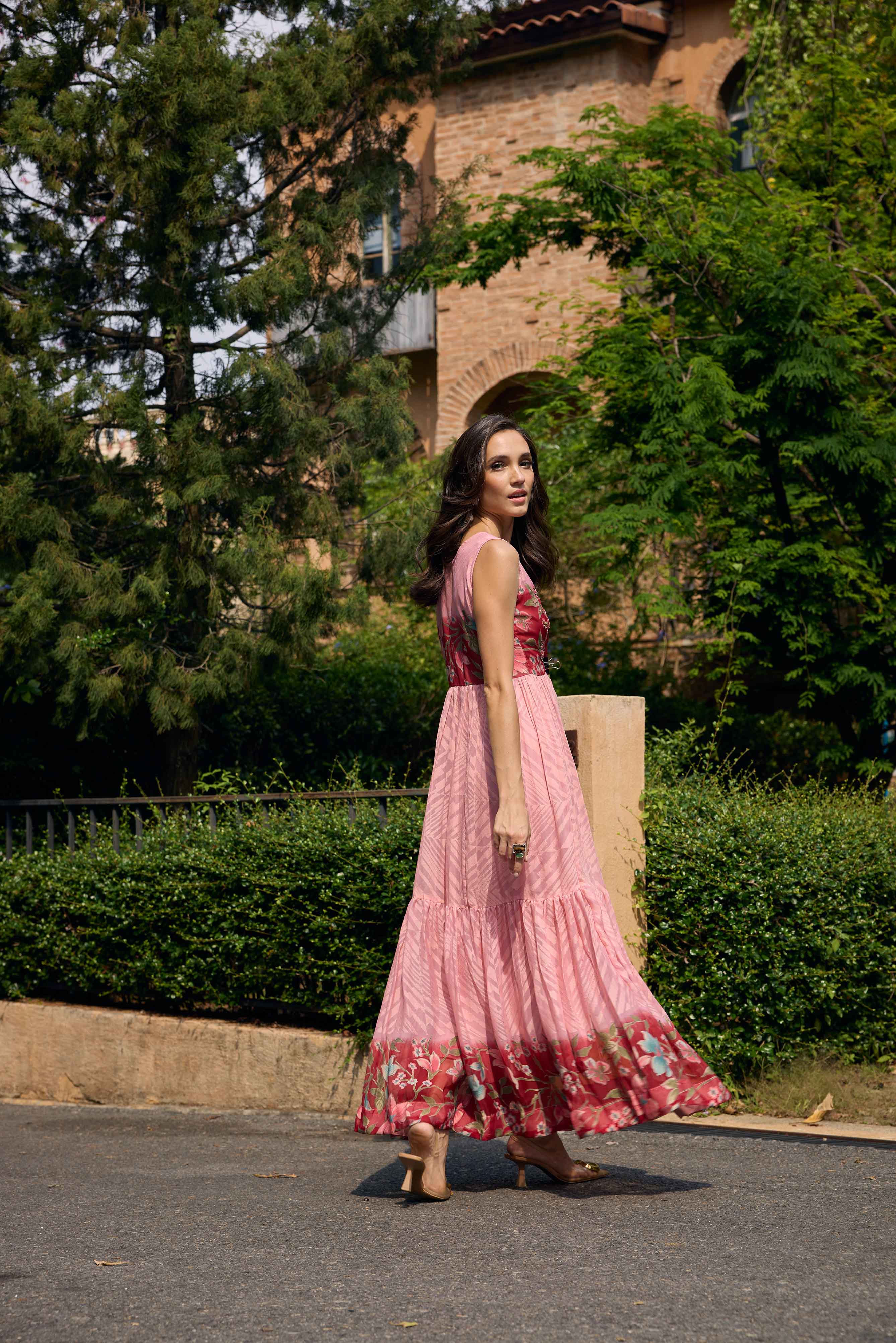 Neerus Pink Casual Maxi Chevron Dresses - Image 4