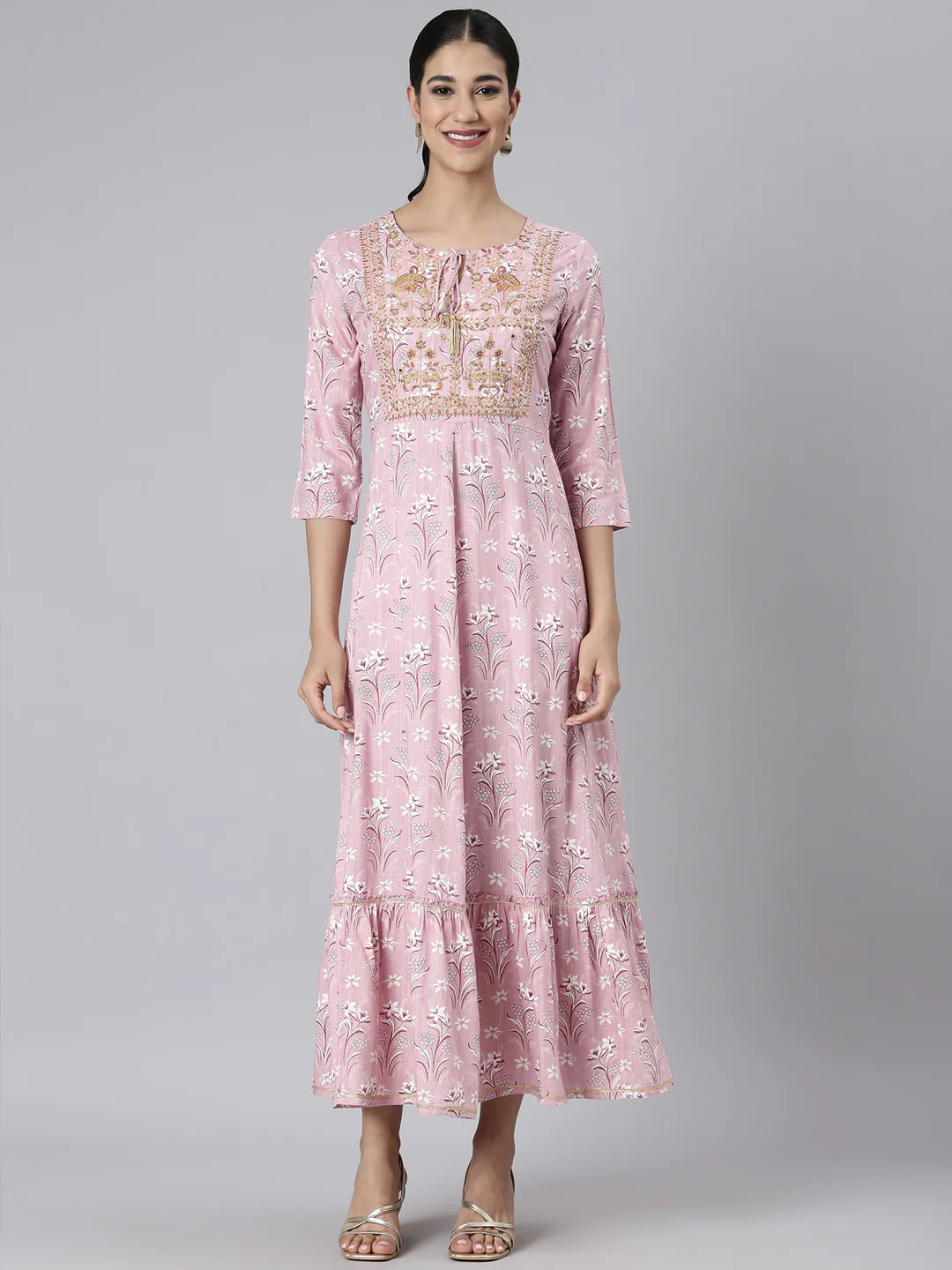Neerus Pink Casual Maxi Floral Dresses