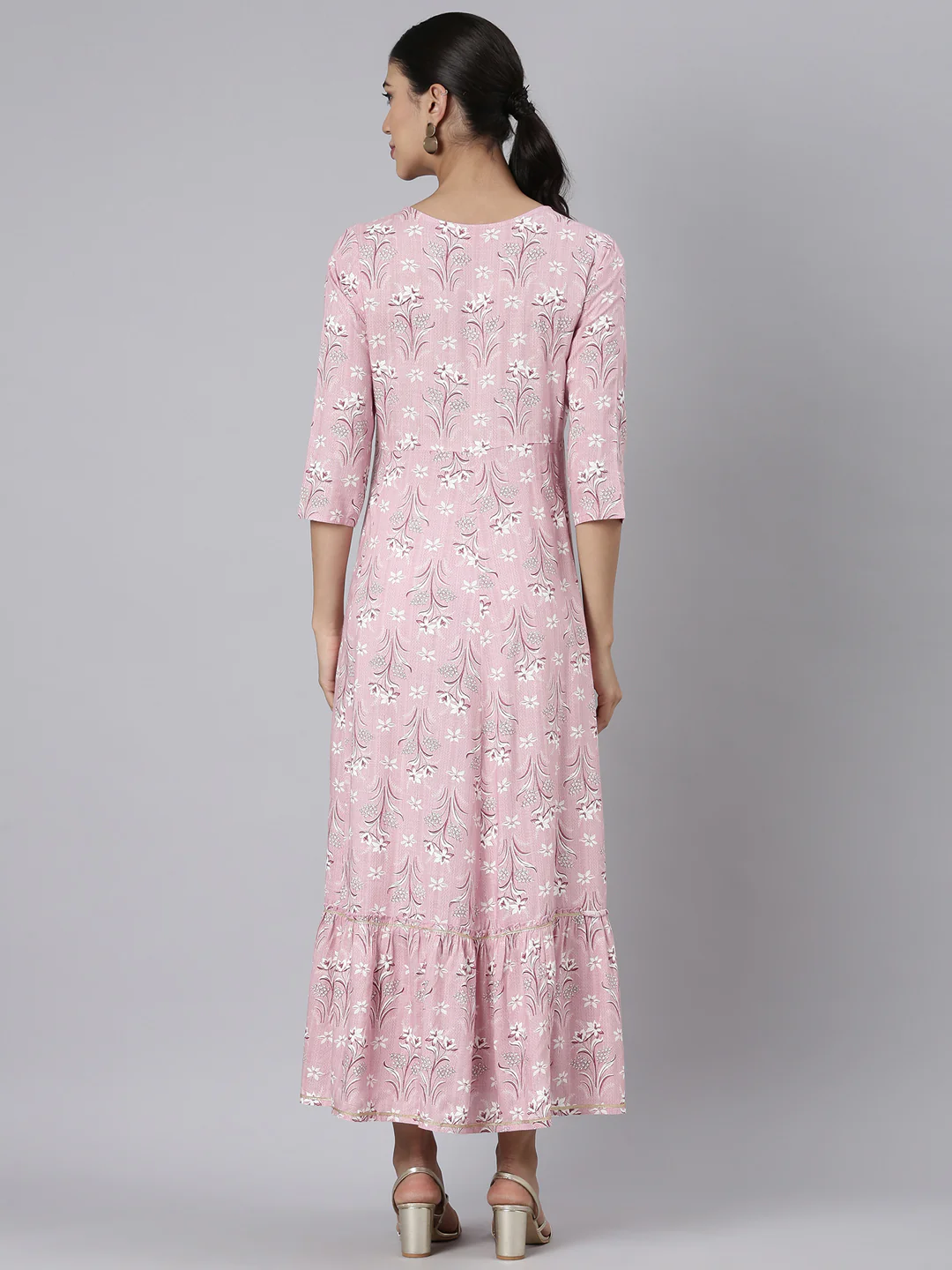 Neerus Pink Casual Maxi Floral Dresses - Image 3