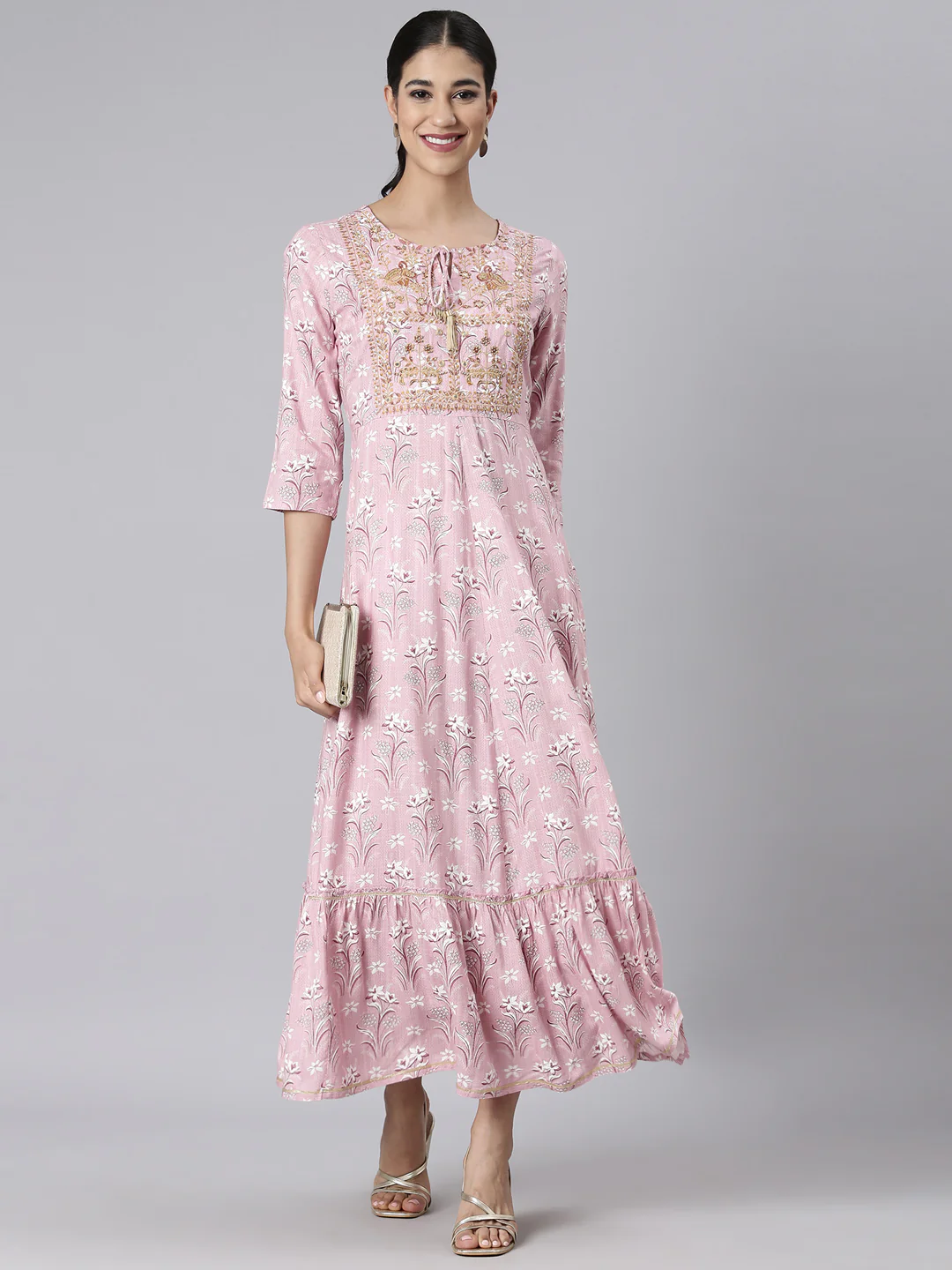 Neerus Pink Casual Maxi Floral Dresses - Image 5