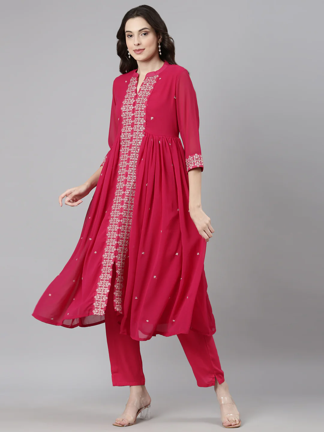 Neerus Pink Casual Solid Anarkali Kurta and Trousers With Dupatta - Image 2