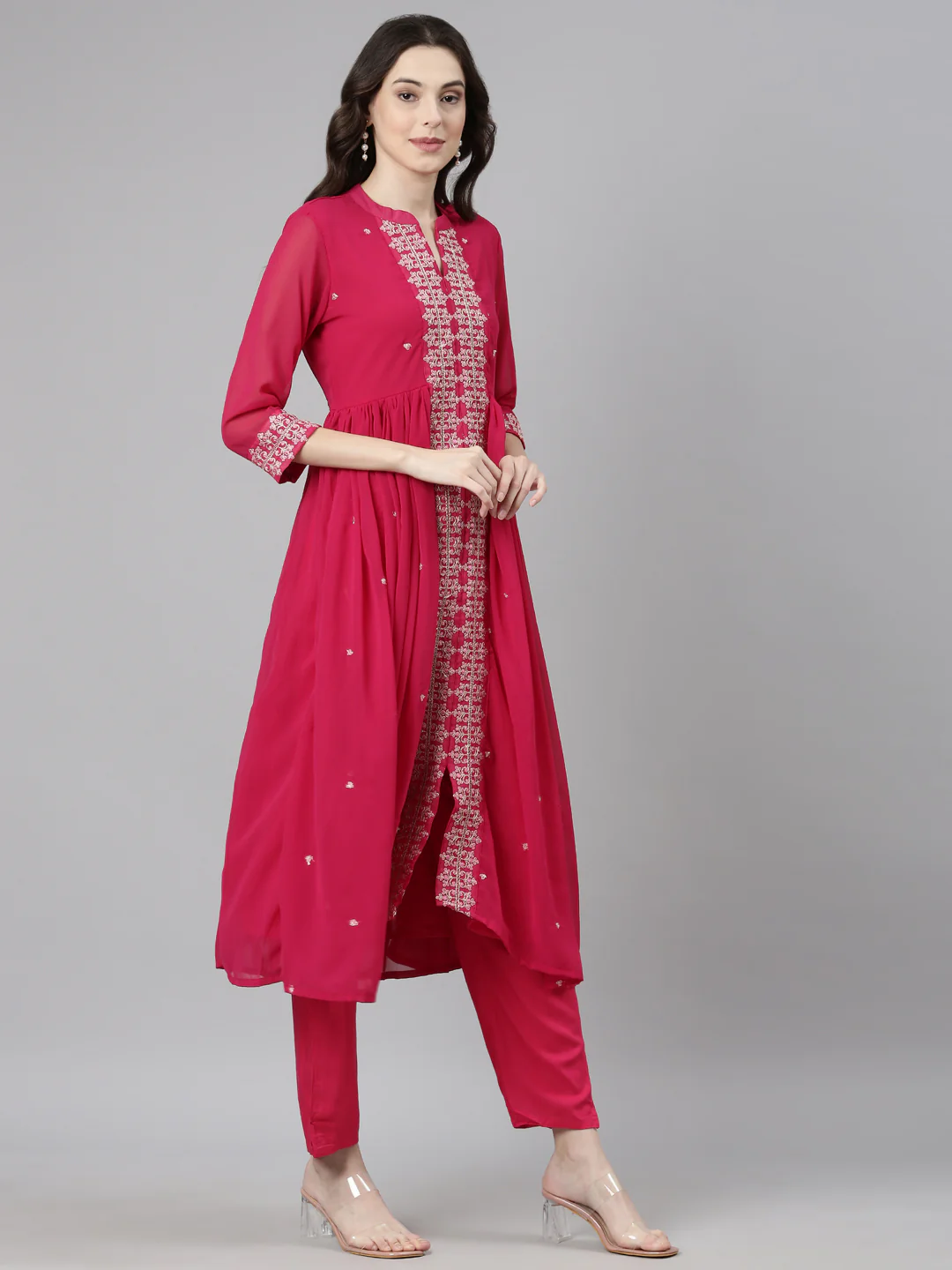 Neerus Pink Casual Solid Anarkali Kurta and Trousers With Dupatta - Image 3