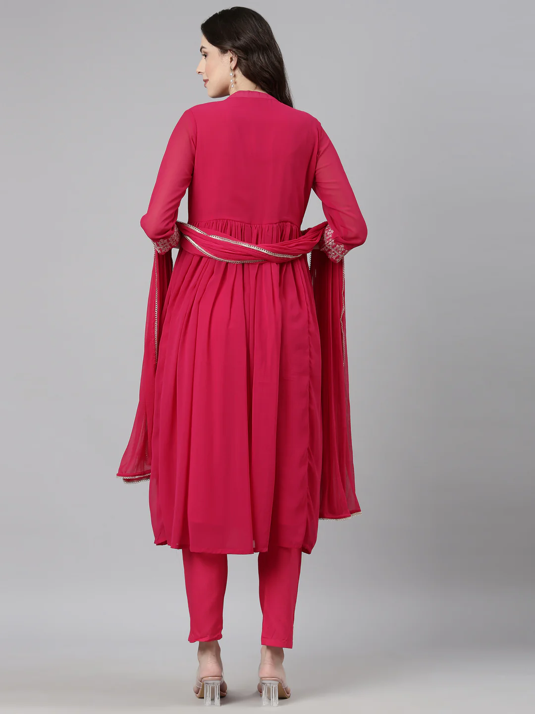 Neerus Pink Casual Solid Anarkali Kurta and Trousers With Dupatta - Image 4