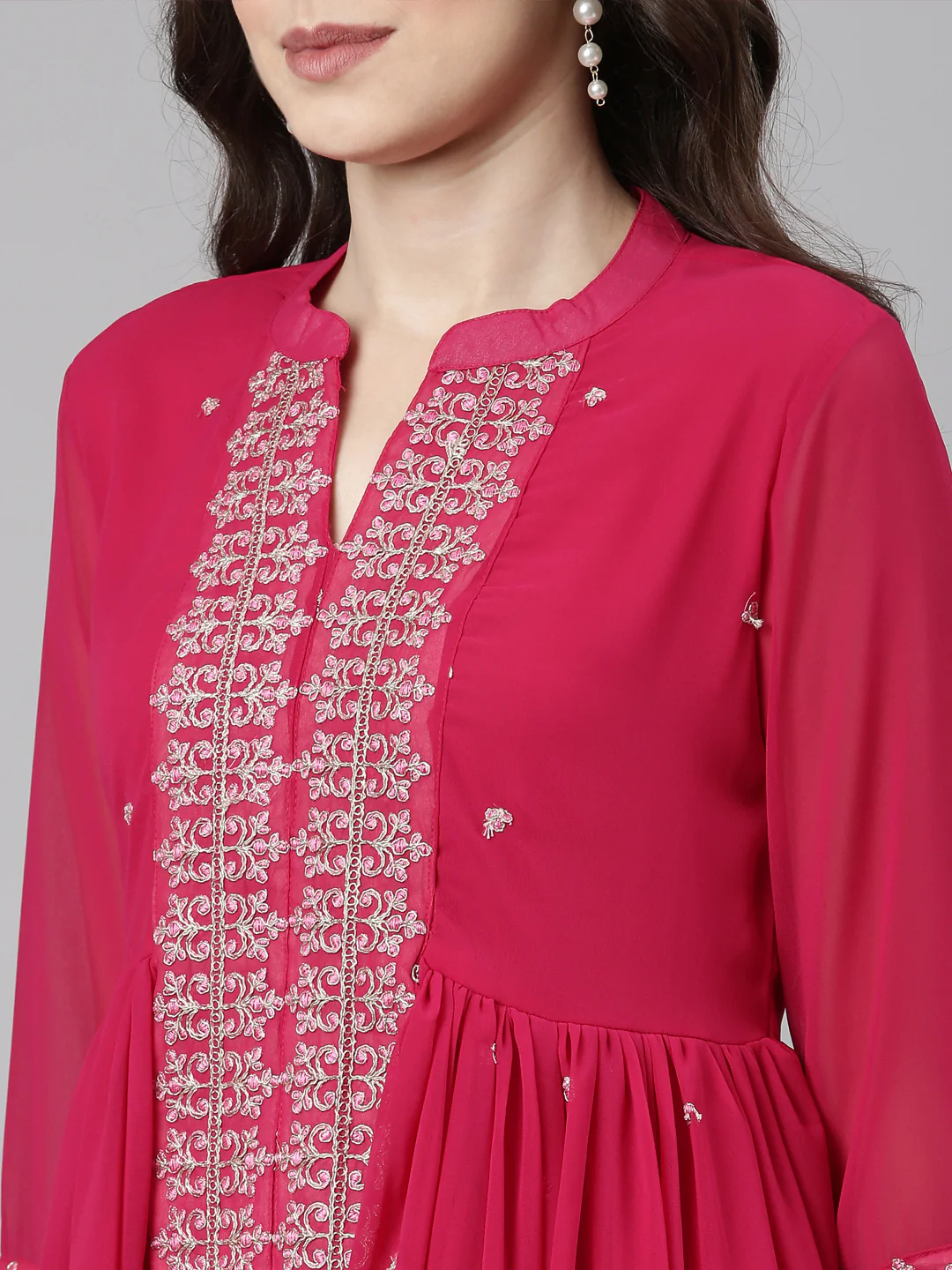 Neerus Pink Casual Solid Anarkali Kurta and Trousers With Dupatta - Image 5