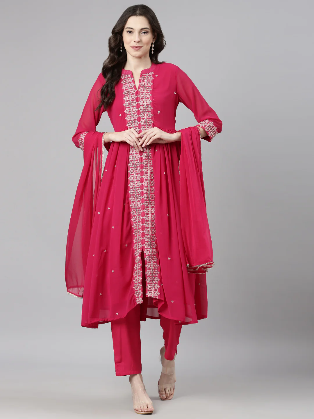 Neerus Pink Casual Solid Anarkali Kurta and Trousers With Dupatta - Image 6