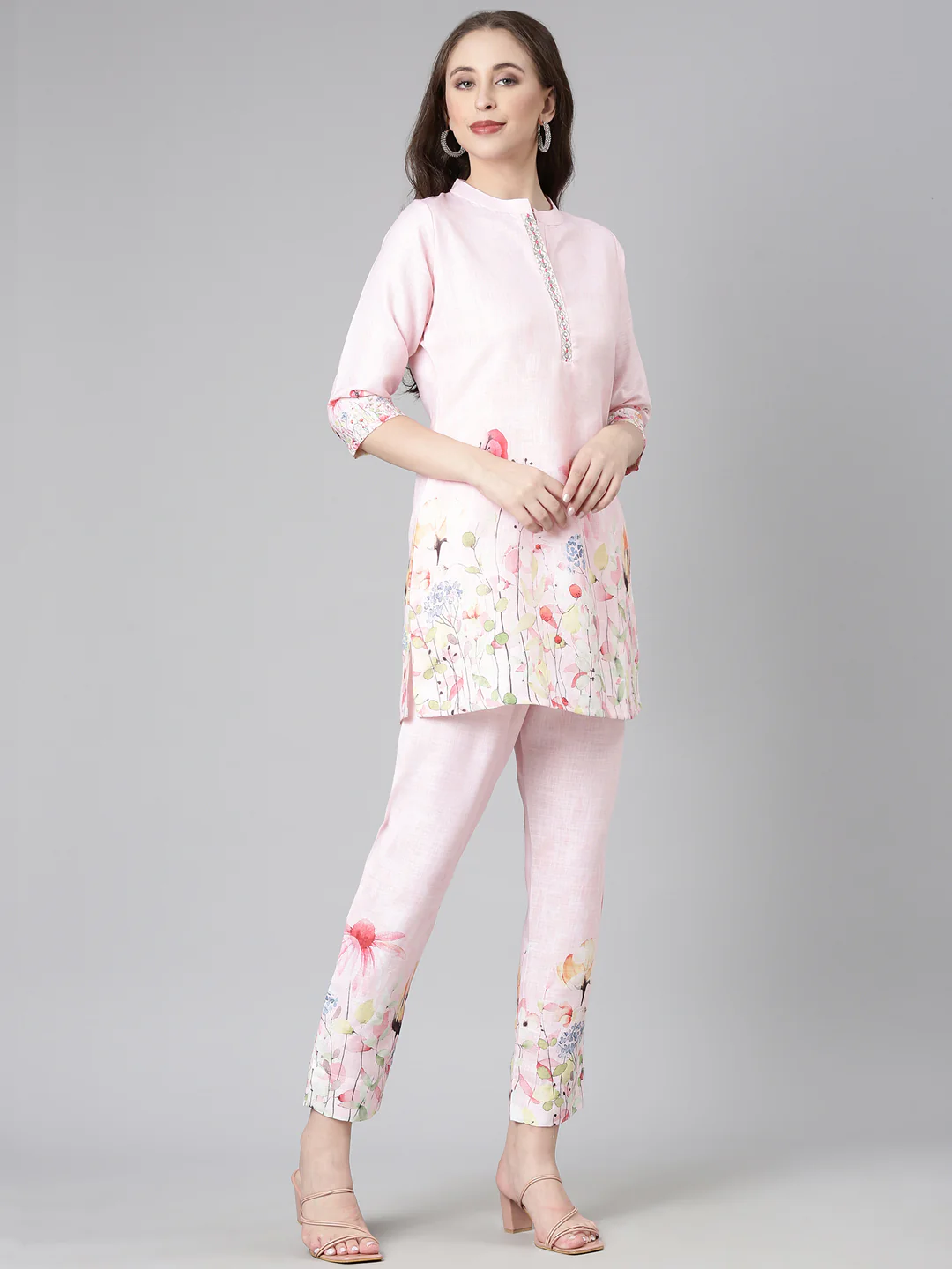 Neerus Pink Casual Solid Kurti with Trousers - Image 2