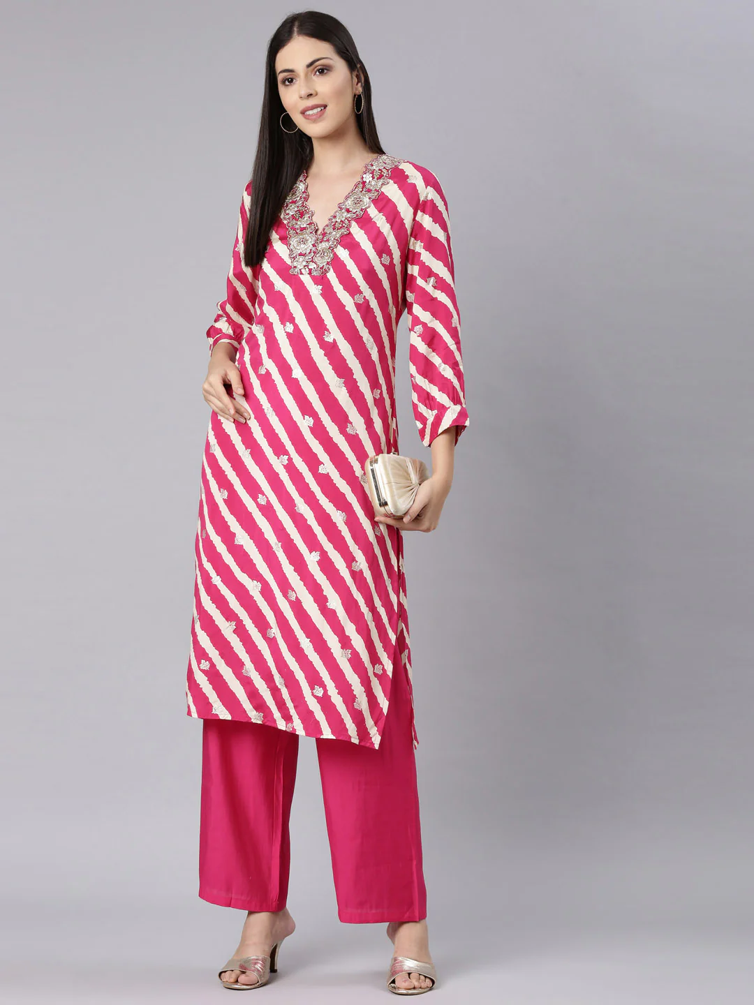 Neerus Pink Casual Solid Straight Kurta and Trouser - Image 6