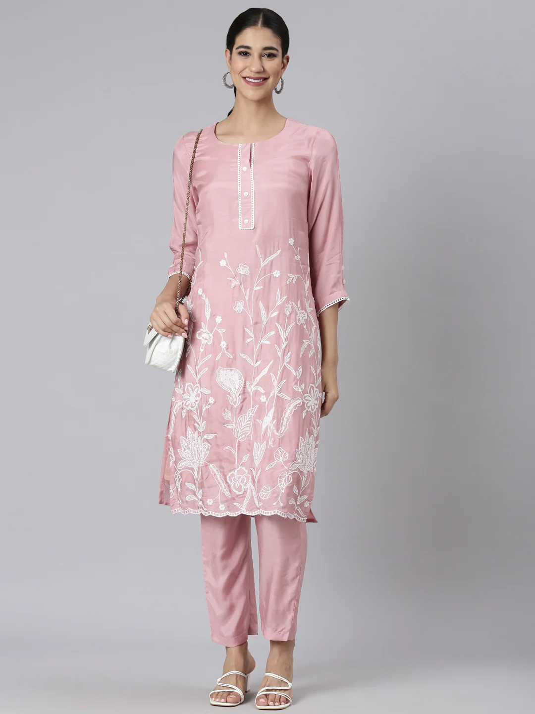 Neerus Pink Casual Solid Straight Kurta and Trousers - Image 5