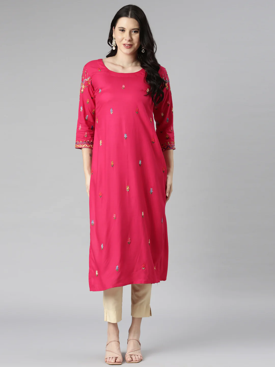 Neerus Pink Casual Solid Straight Kurta - Image 6