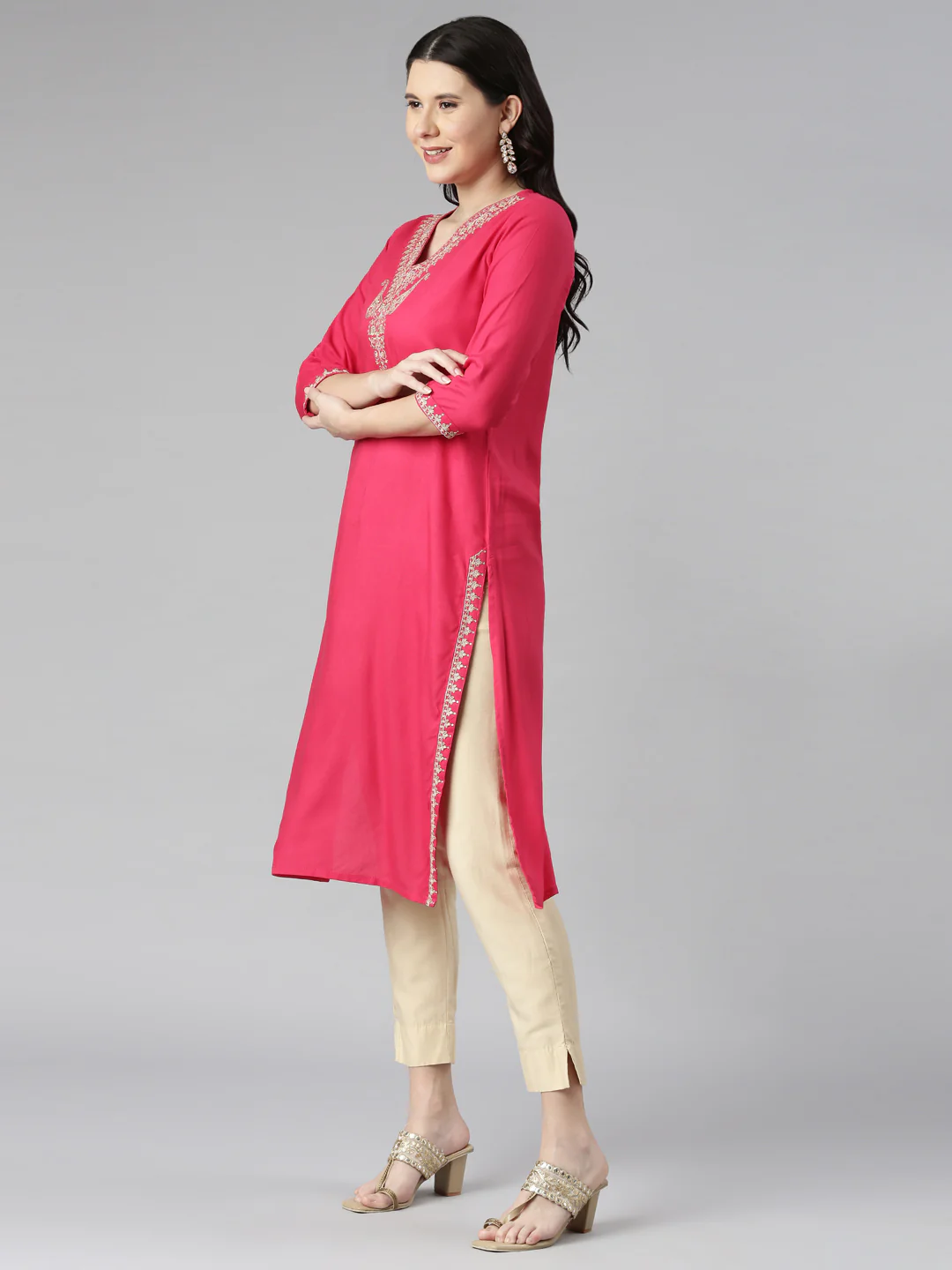 Neerus Pink Casual Solid Straight Kurta - Image 2