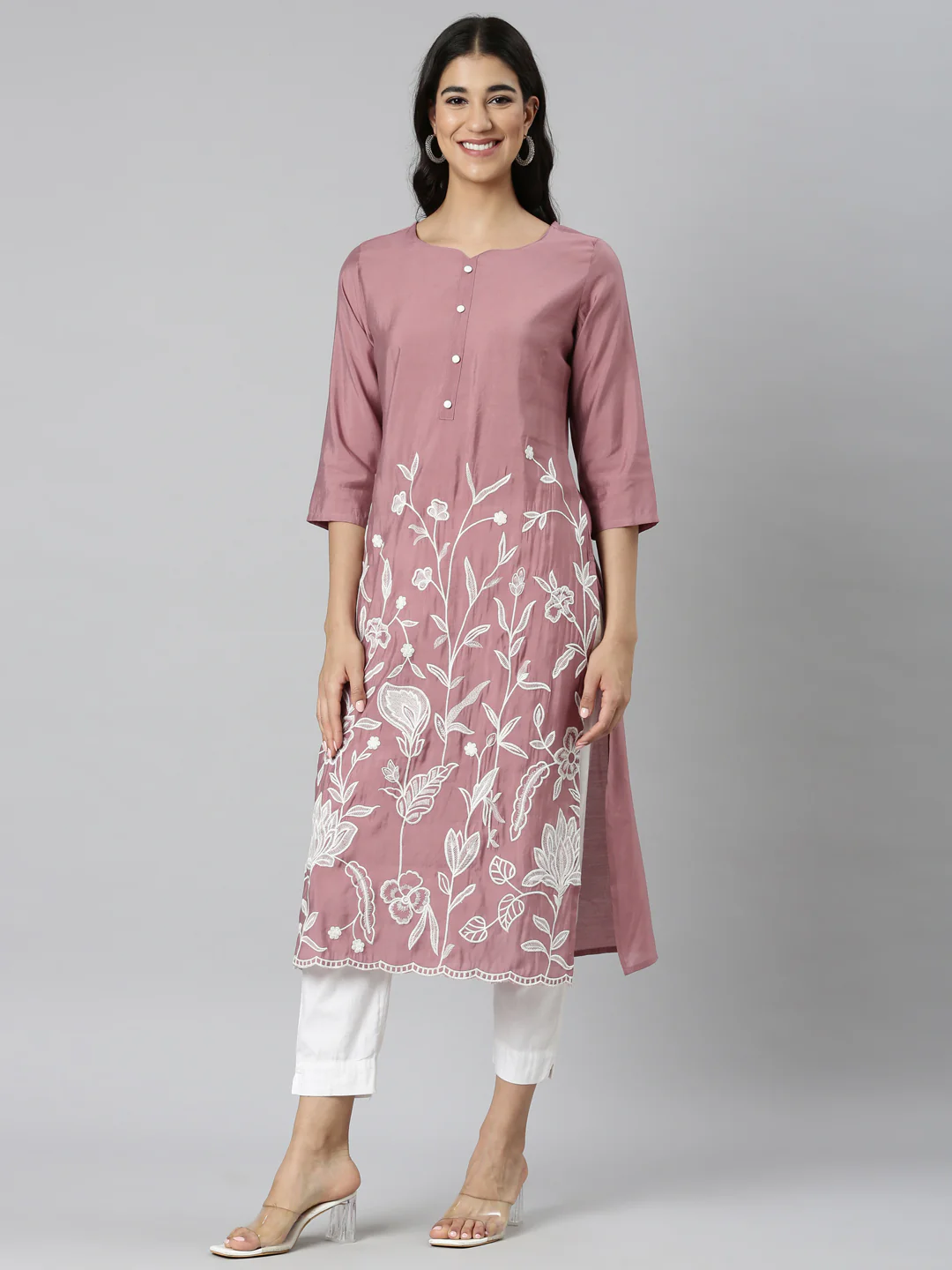 Neerus Pink Casual Solid Straight Kurta - Image 2