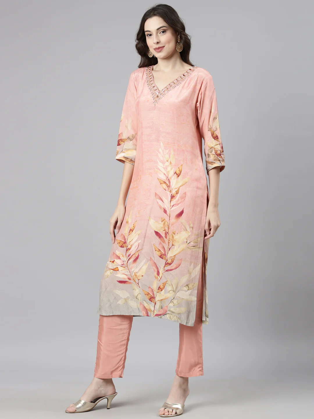 Neerus Pink Casual Straight Kurta and Trousers With Dupatta - Image 2