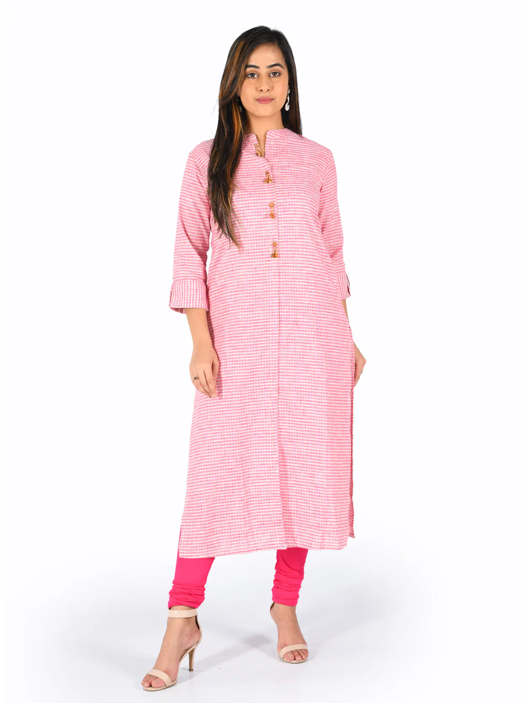 Neerus Pink Check Straight Kurta