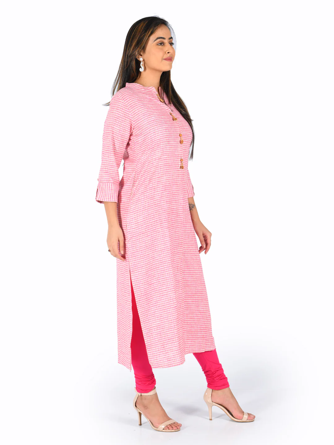 Neerus Pink Check Straight Kurta - Image 5