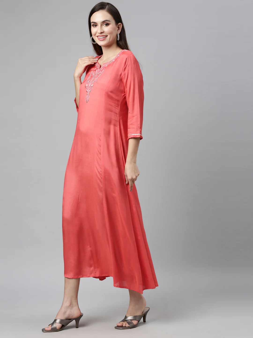 Neerus Pink Color Chanderi Fabric Kurta - Image 5