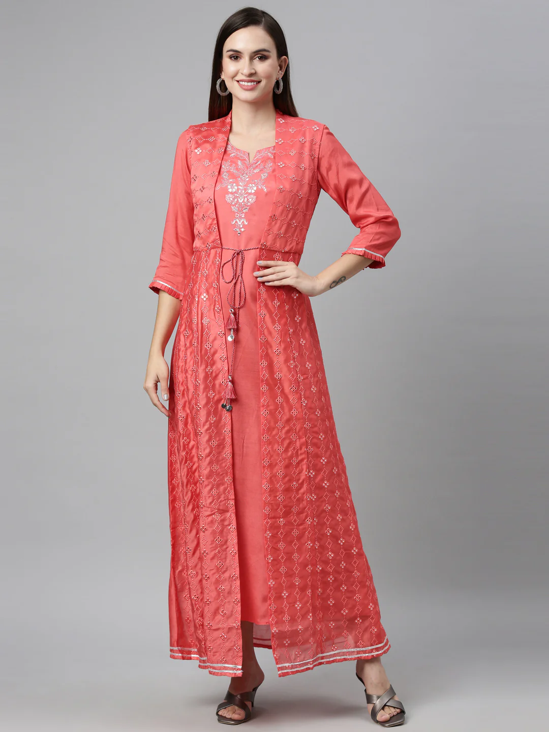 Neerus Pink Color Chanderi Fabric Kurta - Image 7