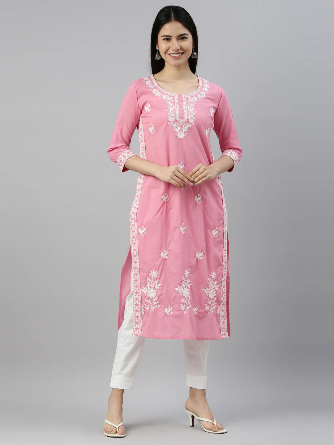 Neerus Pink Color Cotton Fabric Kurta