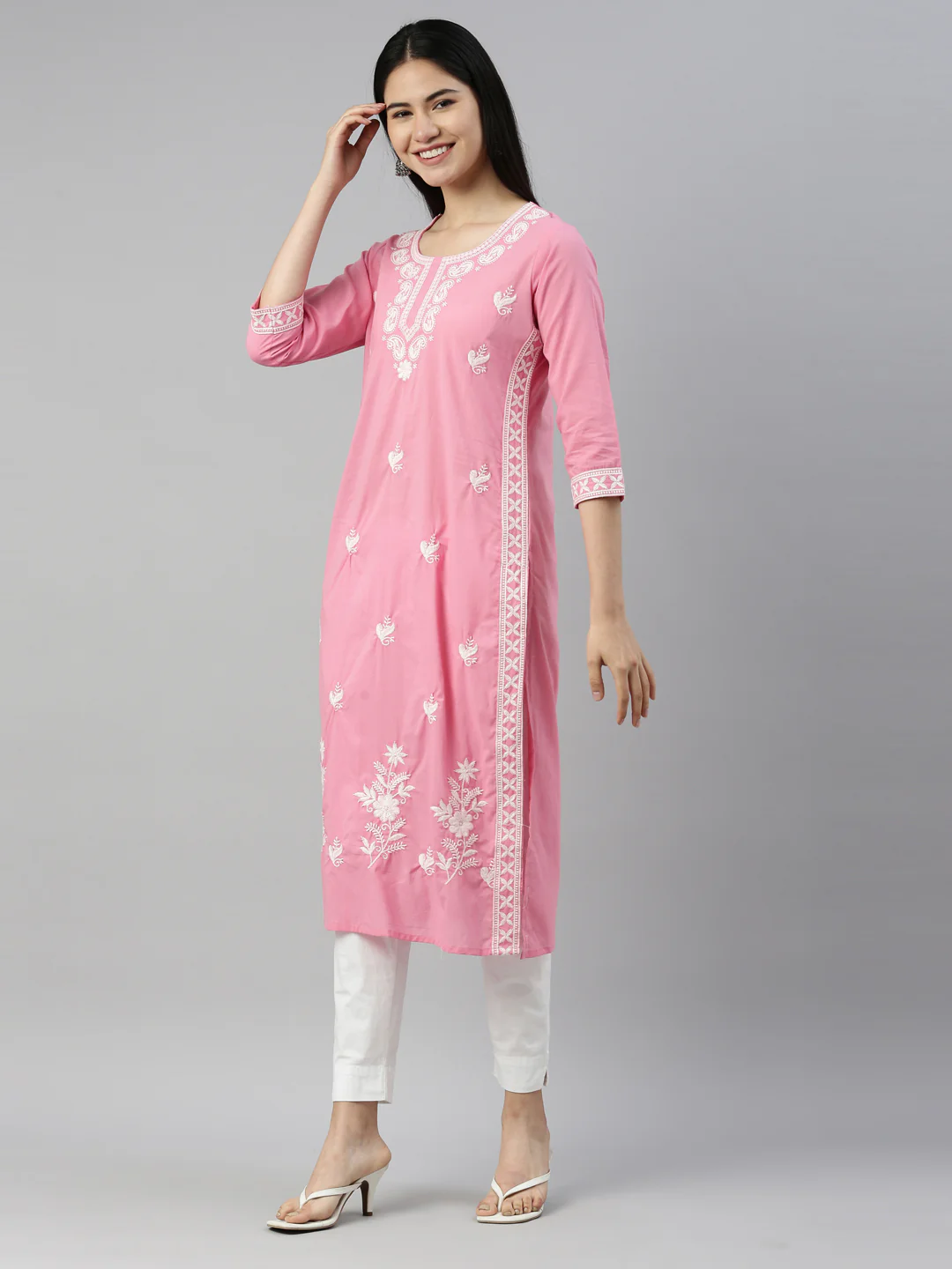 Neerus Pink Color Cotton Fabric Kurta - Image 3