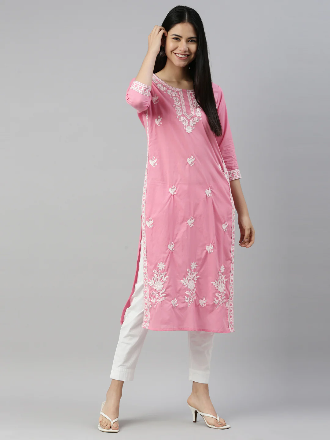 Neerus Pink Color Cotton Fabric Kurta - Image 6