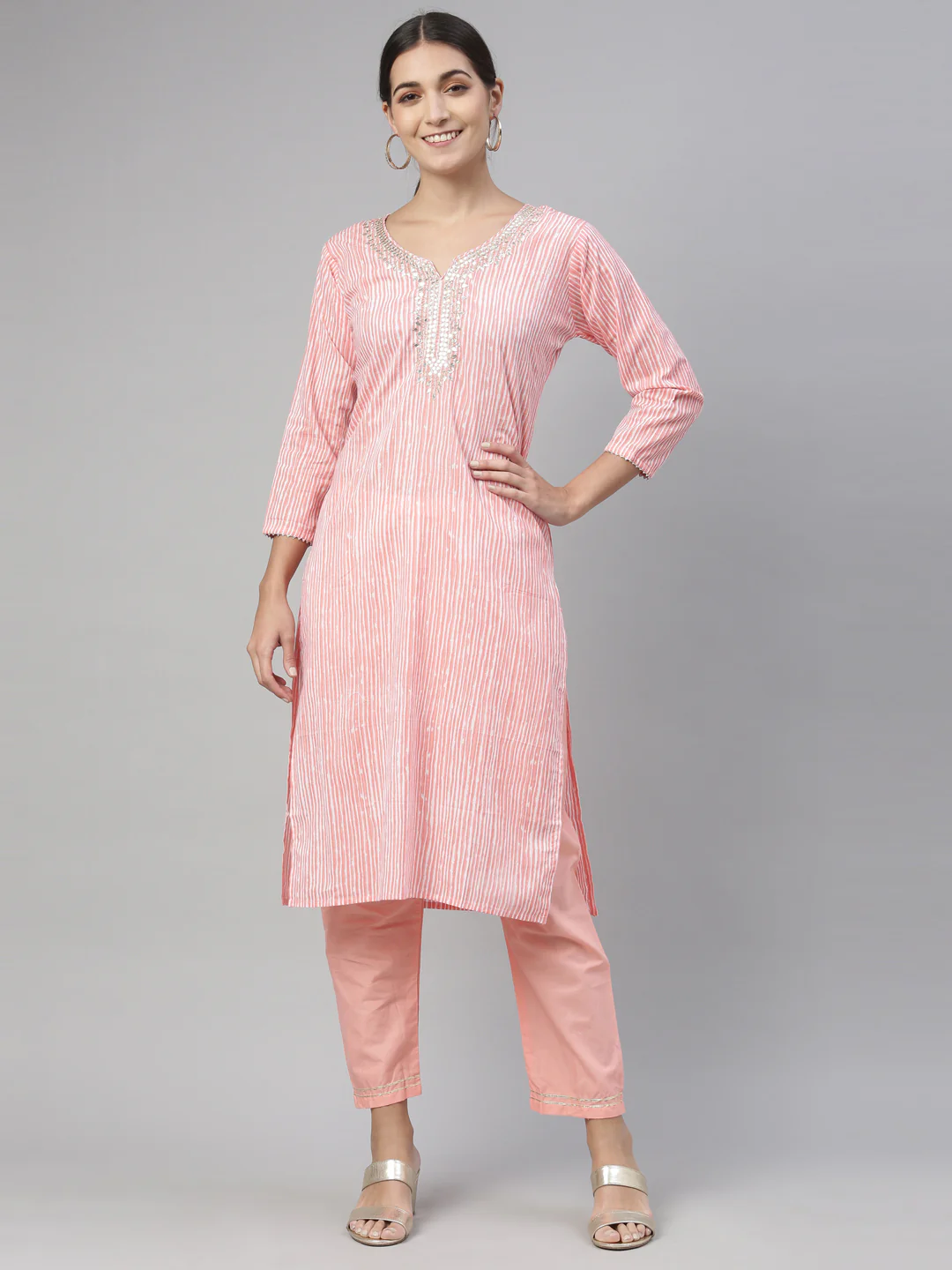 Neerus Pink Color Cotton Fabric Kurta Set