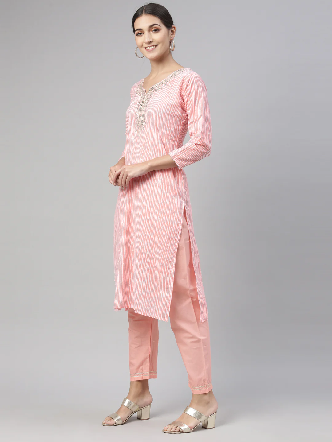 Neerus Pink Color Cotton Fabric Kurta Set - Image 5