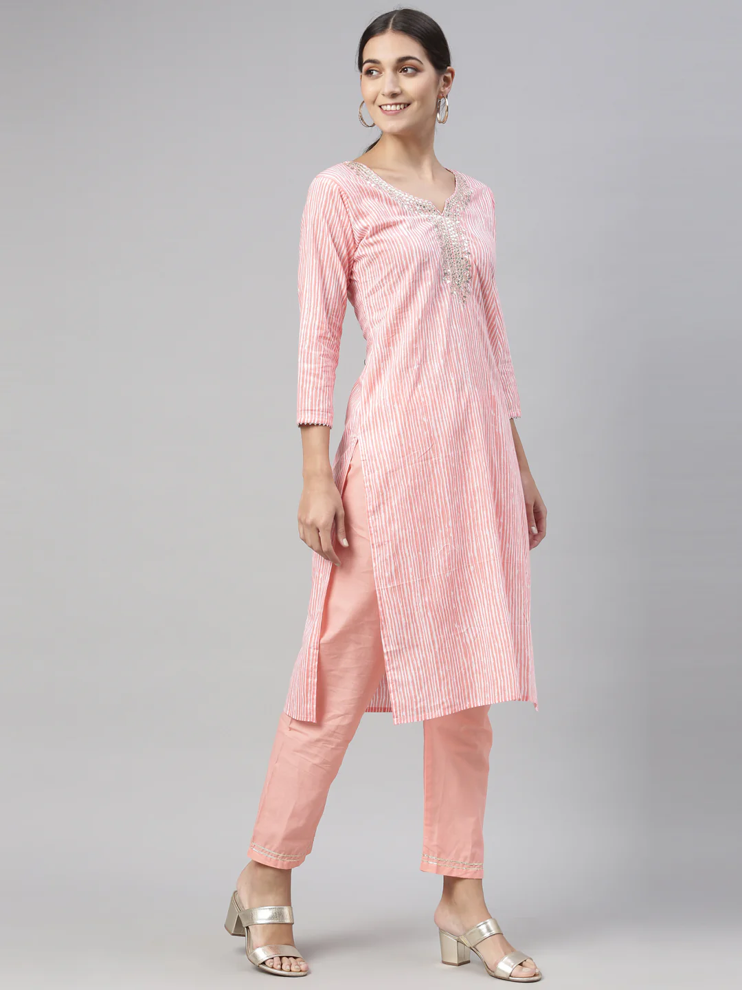 Neerus Pink Color Cotton Fabric Kurta Set - Image 6